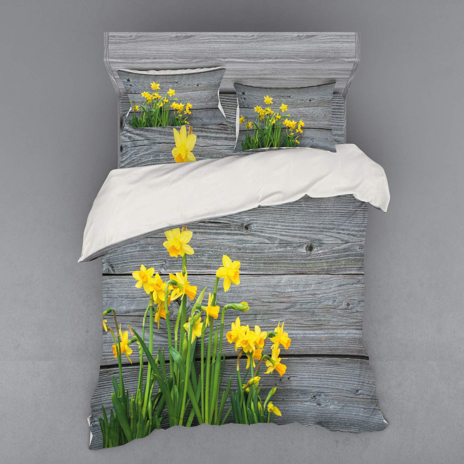 Ambesonne Yellow Flower Bedding Set - 4 Piece Duvet Cover with Shams & Fitted Sheet, Queen Size, Rustic Daffodil Bouquet Design on Wood Planks, Yellow & Grey Country Style | Perfect for Farmhouse, Cottage, or Vintage Themed Bedrooms