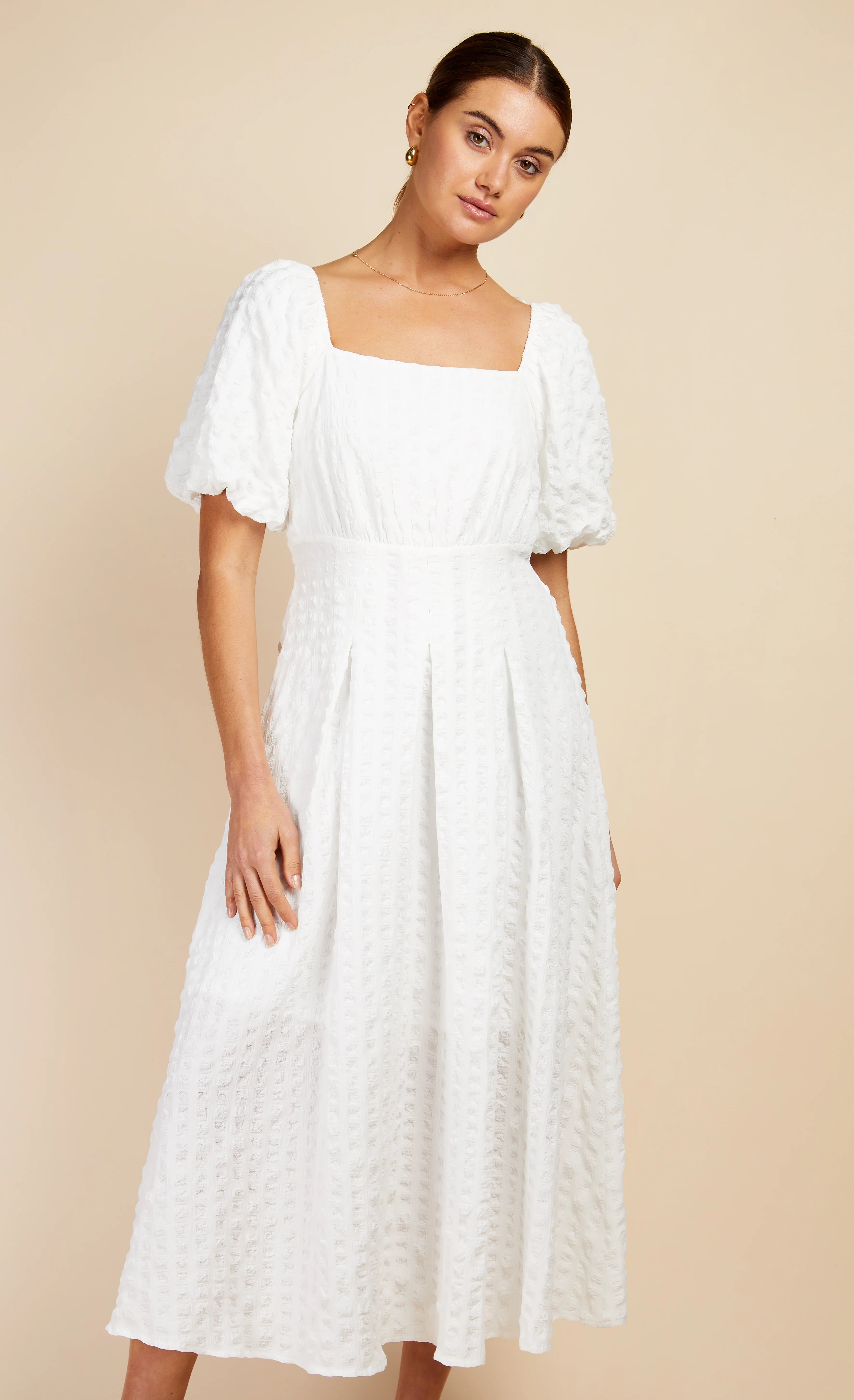Diana Textured Puff Sleeve Midaxi Dress - Elegant White Midi Dress for Women | Perfect for Weddings, Parties & Special Occasions
