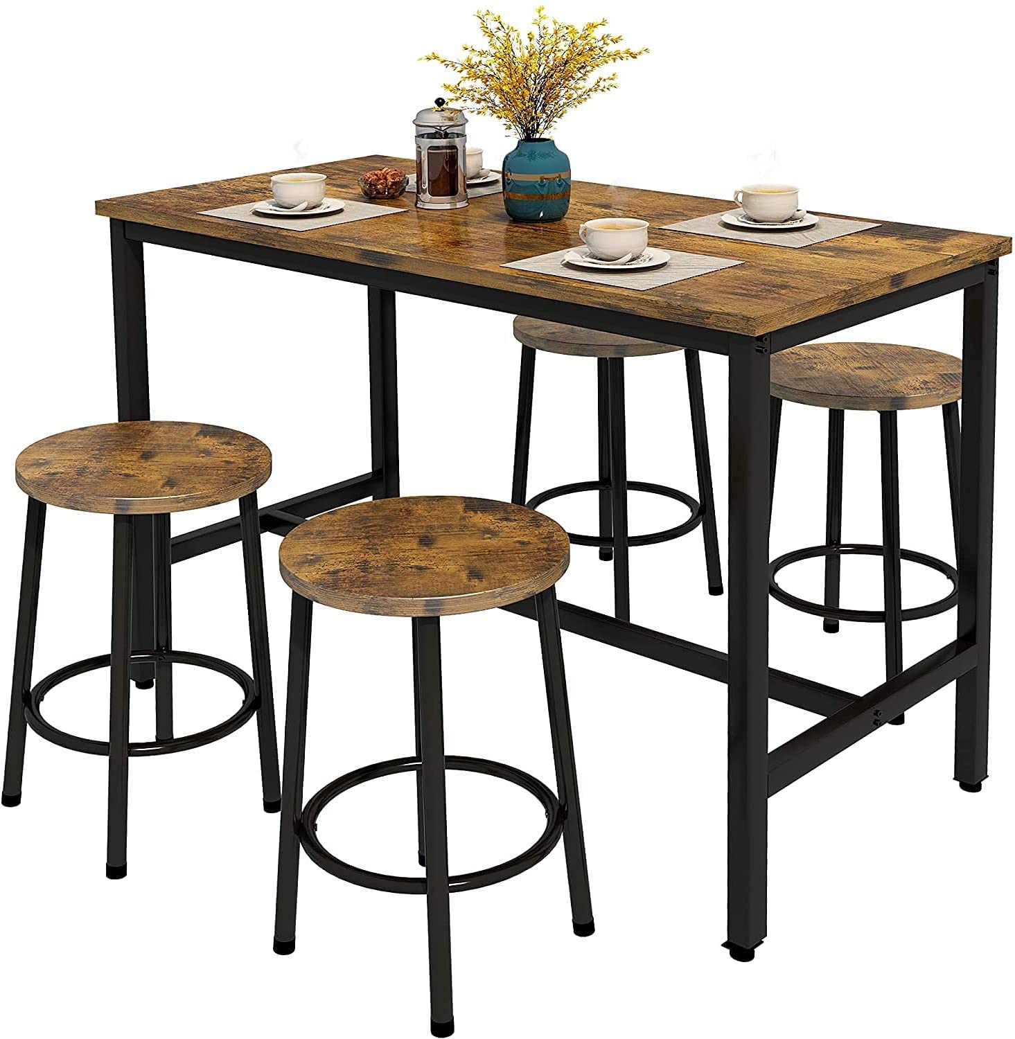 MIERES 5-Piece Bar Height Dining Set - Kitchen Table & 4 Chairs with Stools, MDF Top & Steel Frame - Perfect for Home, Cafe, Pub & Farmhouse Restaurant | Compact Space Solution for Small Kitchens & Breakfast Nooks