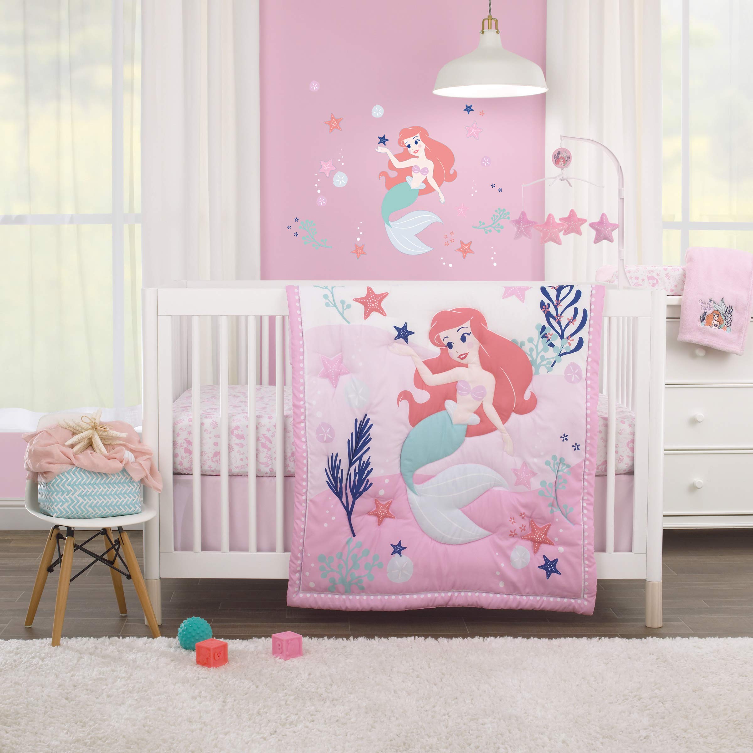 Disney The Little Mermaid Ariel 4-Piece Nursery Crib Bedding Set - Pink Aqua Coral Comforter, Fitted Sheet, Changing Pad Cover & Skirt | Baby Girl Room Decor | Perfect for Newborns & Toddlers | Nursery Theme Decorations