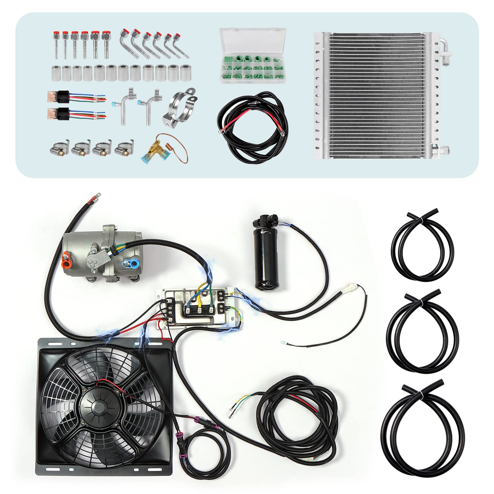 12V Electric A/C Kit for Classic Cars & Trucks - Automotive Air Conditioning System for RVs, Farm Vehicles, Excavators & More - Perfect for Hot Summer Drives & Off-Road Adventures