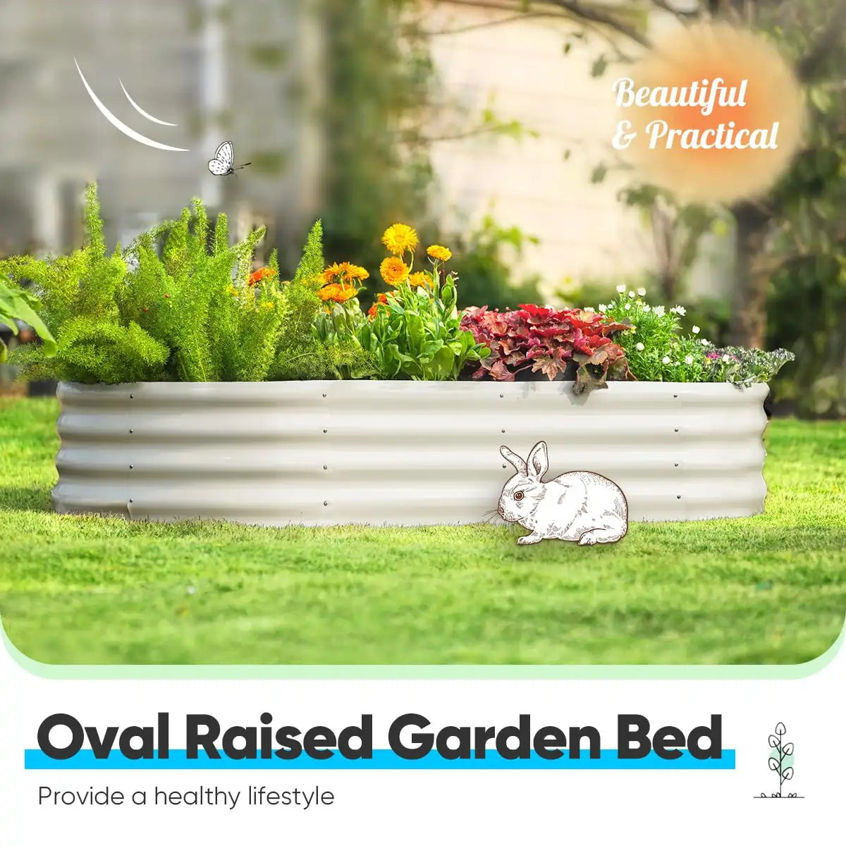 6' x 3' x 1' Oval Galvanized Steel Raised Garden Bed Kit - Beige Color for Outdoor Gardening, Vegetables, Flowers & Herbs - Perfect for Backyard, Patio & Small Space Gardening