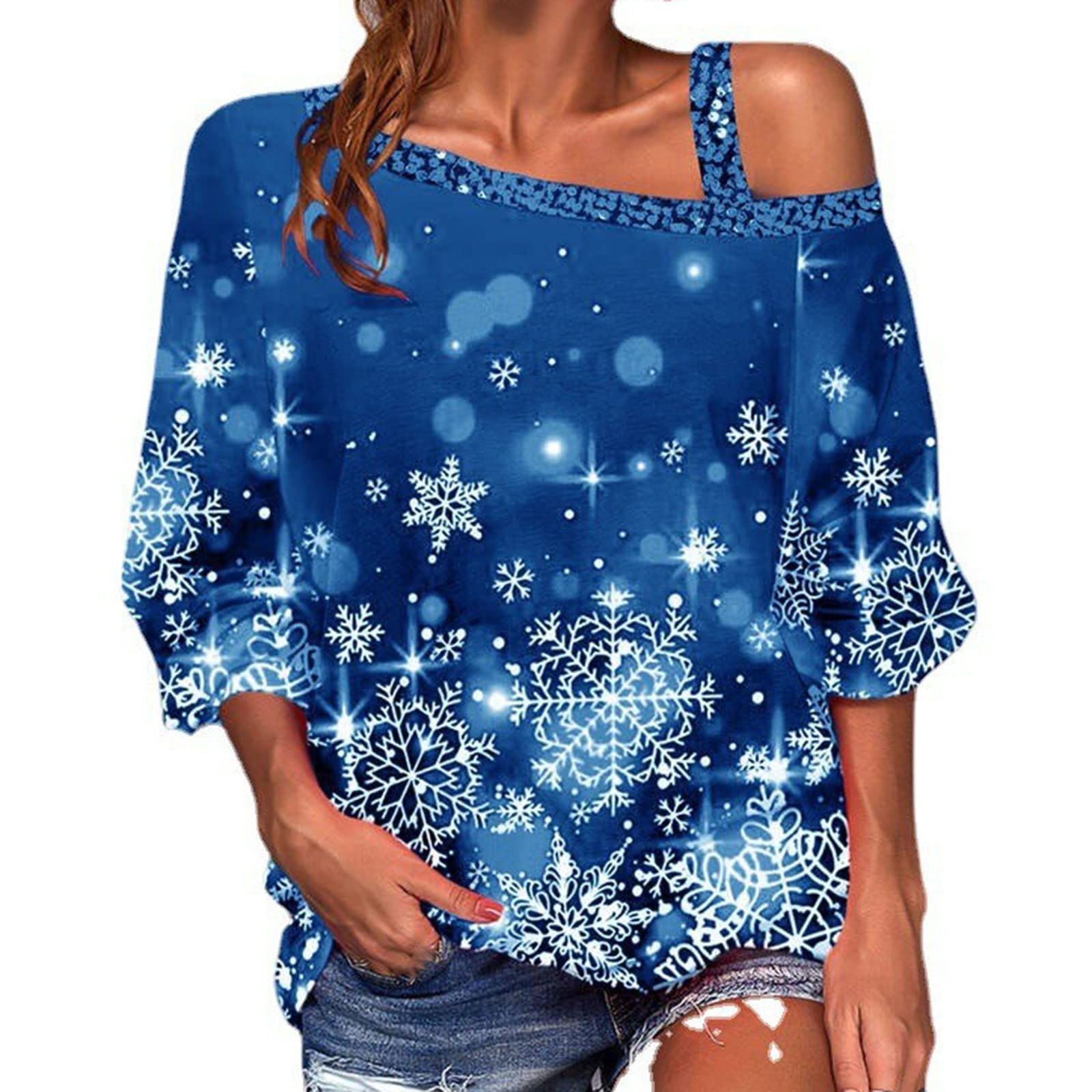 Women's Loose Casual Blouse - Snowflake Print V-Neck Top Shirt for Christmas, Autumn & Winter | Elegant Shoulder Detail Tops for Mature Women | Perfect for Holiday Parties, Office Wear & Casual Outings