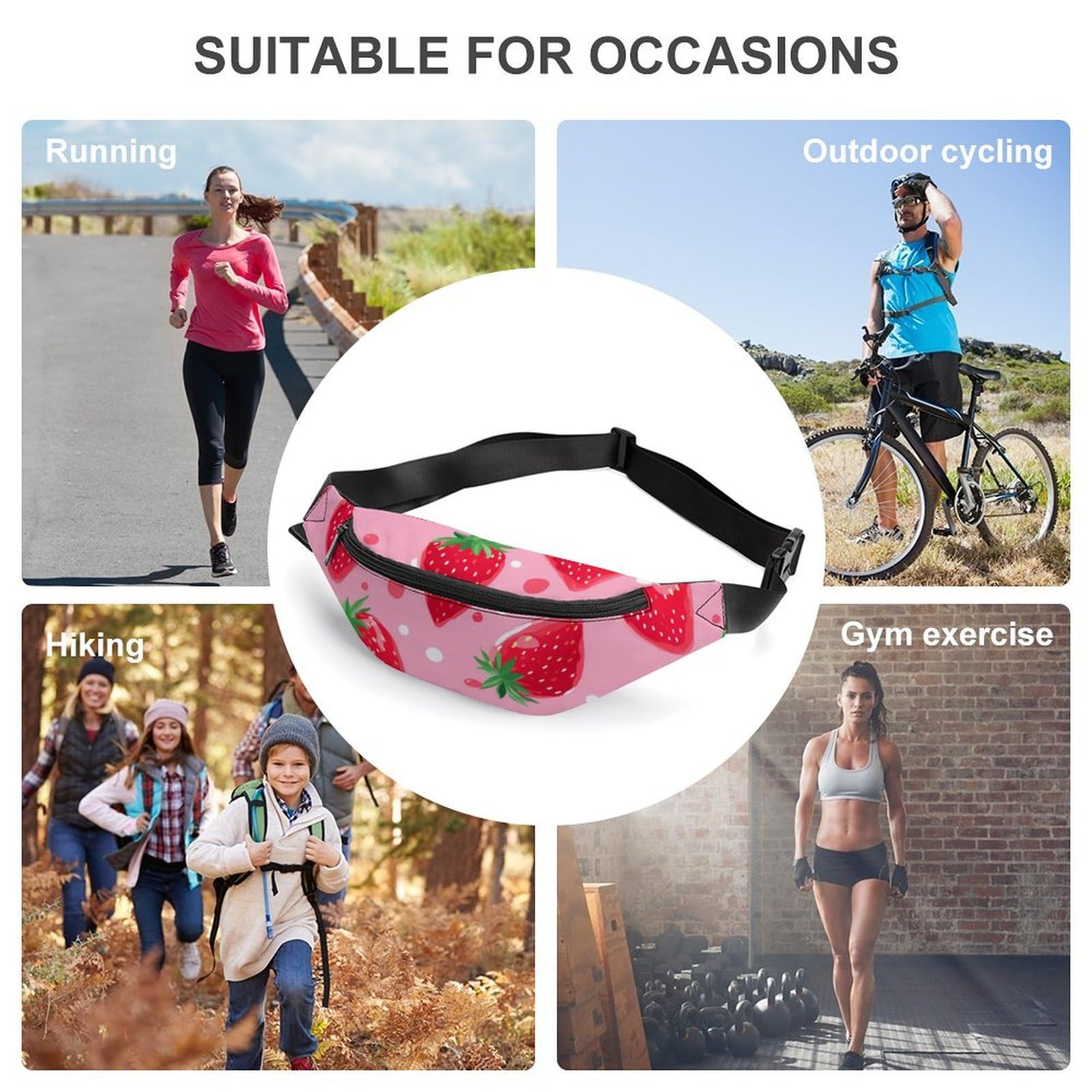 Strawberry Print Adjustable Waist Bag Crossbody Pouch for Women & Men - Fashionable Belt Bag for Travel, Running, Shopping & Outdoor Activities