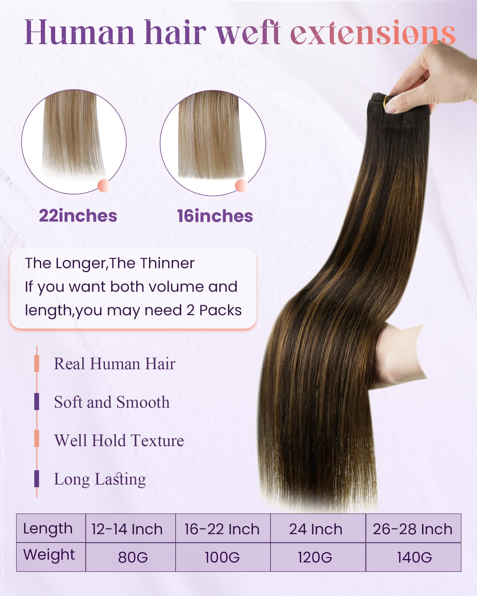 LaaVoo 22 Inch Human Hair Weft Extensions - Dark Brown to Light Brown Ombre Balayage, Double Weft, 100g, Long Straight Sew-in Hair for Natural Look | Perfect for Daily Styling, Parties & Special Occasions