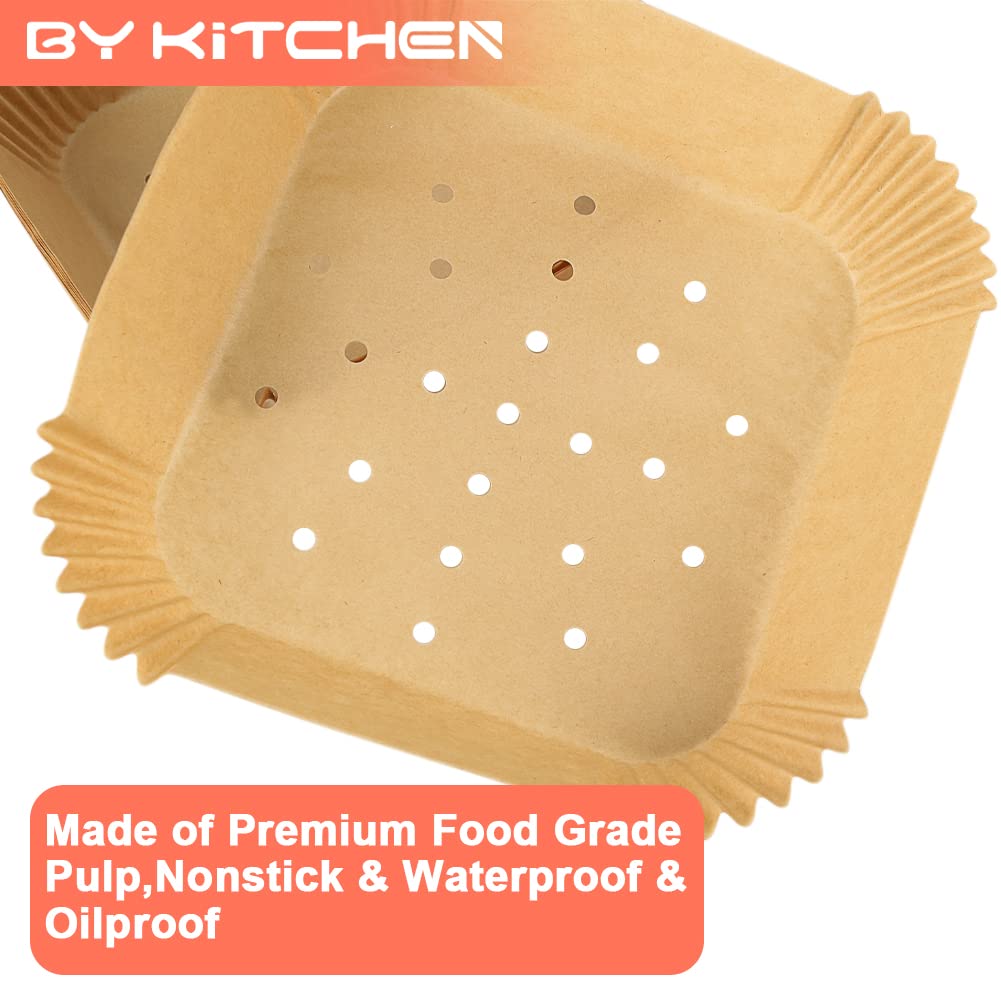 BYKITCHEN 100-Pack 8 Inch Square Air Fryer Liners for 2-5 Quart Baskets - Perforated Parchment Paper Sheets Compatible with Cosori, Instant Vortex, Dash & More - Perfect for Frying, Baking & Reheating