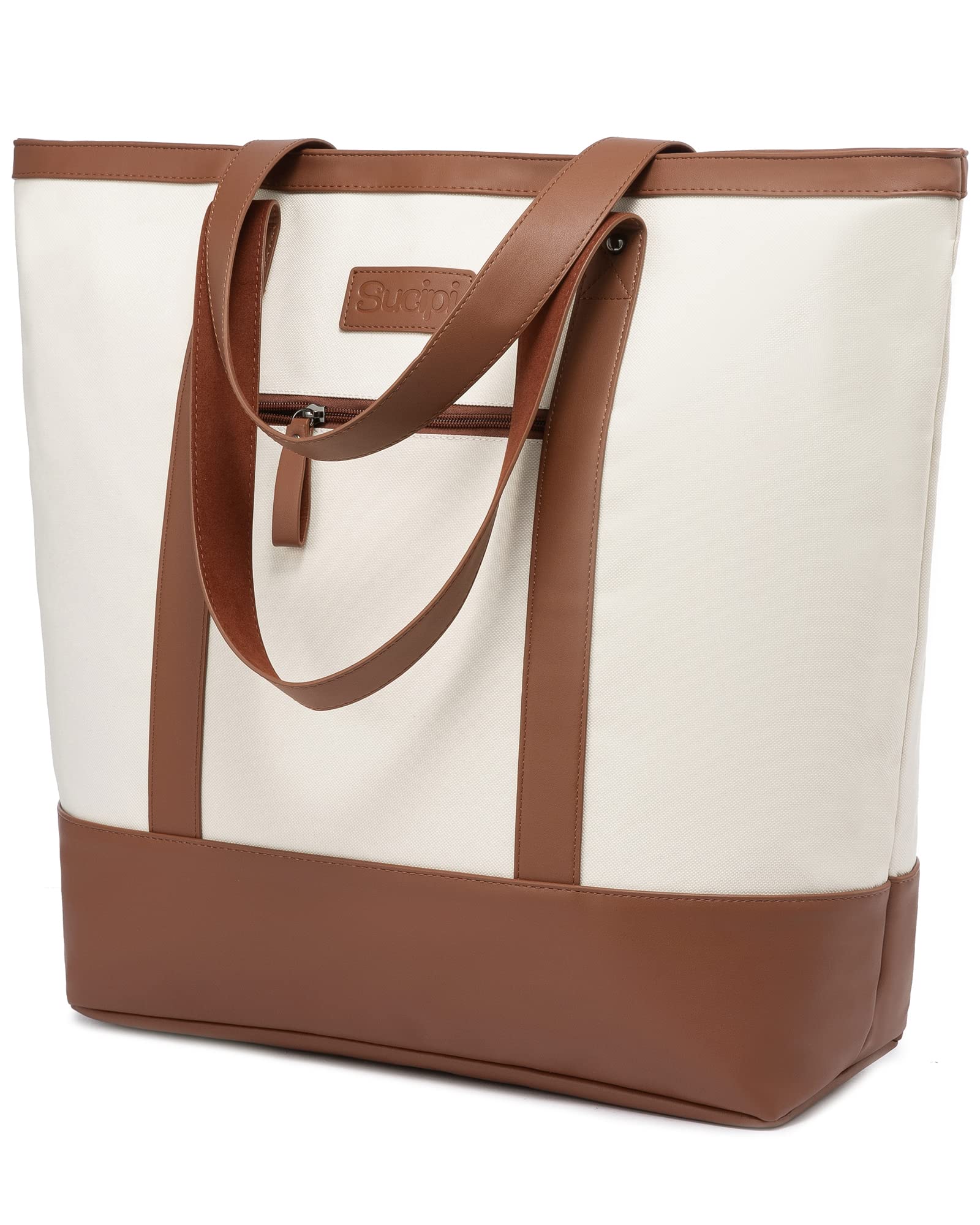 Premium Sucipi X-Large Tote Bag for Women - Spacious Carry-All with Foldable Zipper Top - Perfect for Work, Gym, Pool, Teachers & Nurses (Beige) | Ideal for Daily Commute, Shopping & Travel Essentials