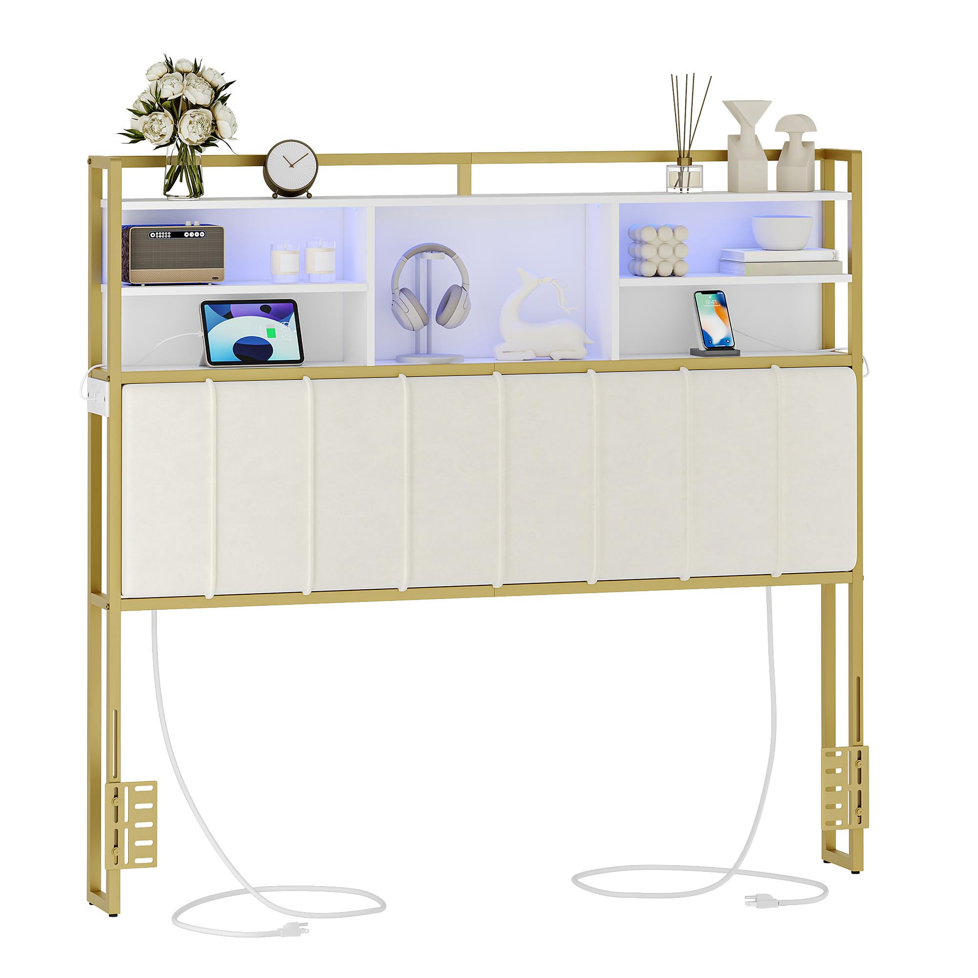 Velvet Upholstered Queen Size Headboard with 3-Tier Storage Shelves, 2 Outlets & USB Ports, LED Light - Soft Backrest in White & Gold (BH15203A) - Perfect for Bedroom Organization & Modern Home Decor