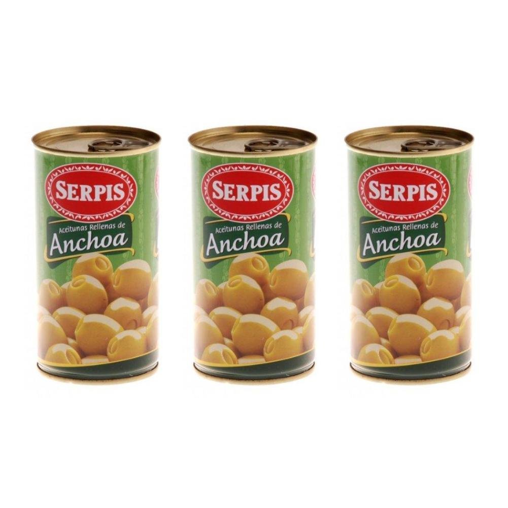 Premium Spanish Green Olives Stuffed with Anchovies - Serpis Anchoa Olives, 150g (Pack of 3) | Gourmet Tapas, Charcuterie Boards & Mediterranean Recipes