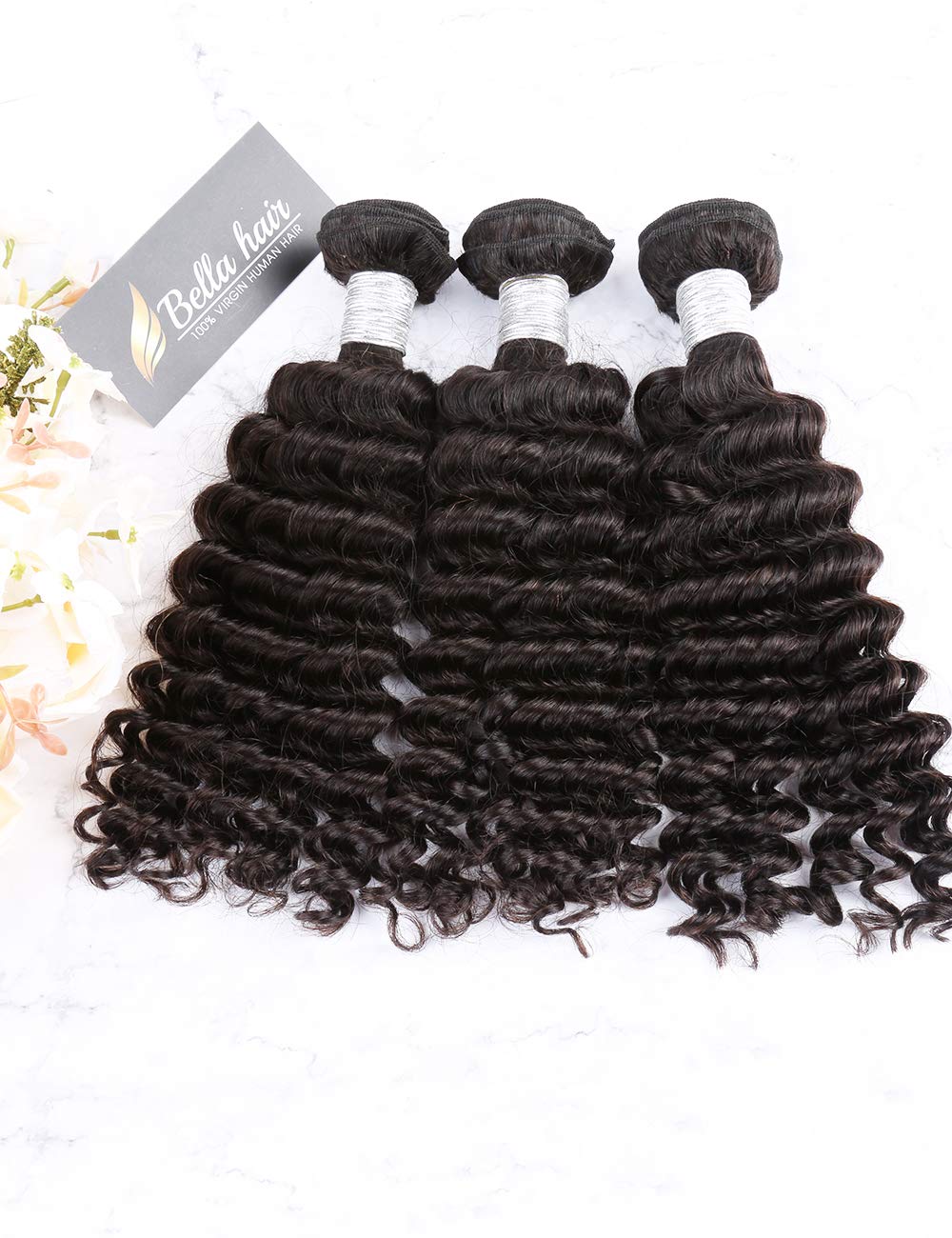 Bella Hair 24inch Deep Wave Virgin Human Hair Bundles - 100% Natural One Donor Brazilian Hair Weave (3 Bundles) for Stunning Curly Hairstyles & Everyday Wear