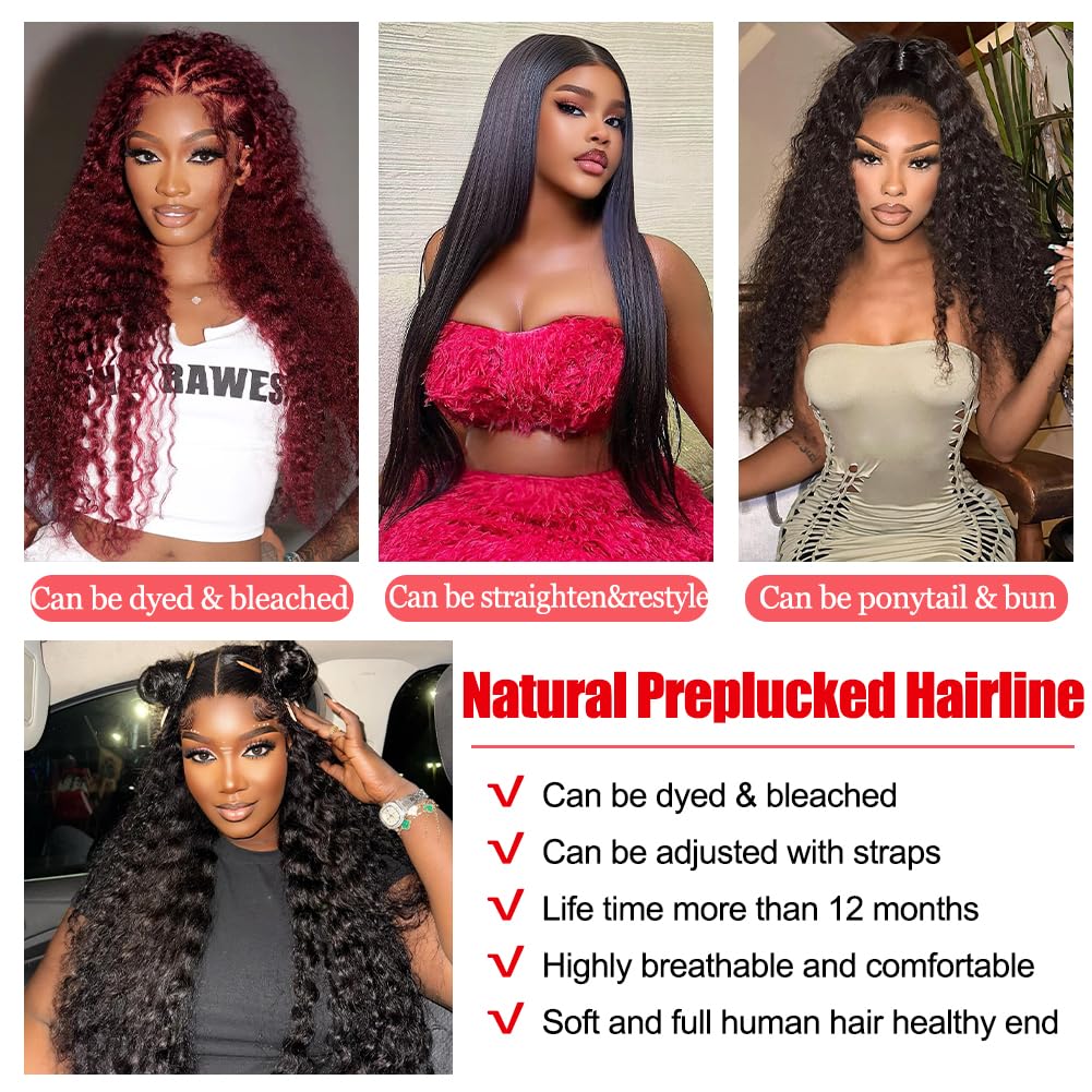 22 Inch Deep Wave Lace Front Wig Human Hair 200% Density 13x4 HD Curly Lace Frontal Glueless Wig for Women - Pre Plucked Natural Black Color for Daily Wear, Parties & Special Occasions