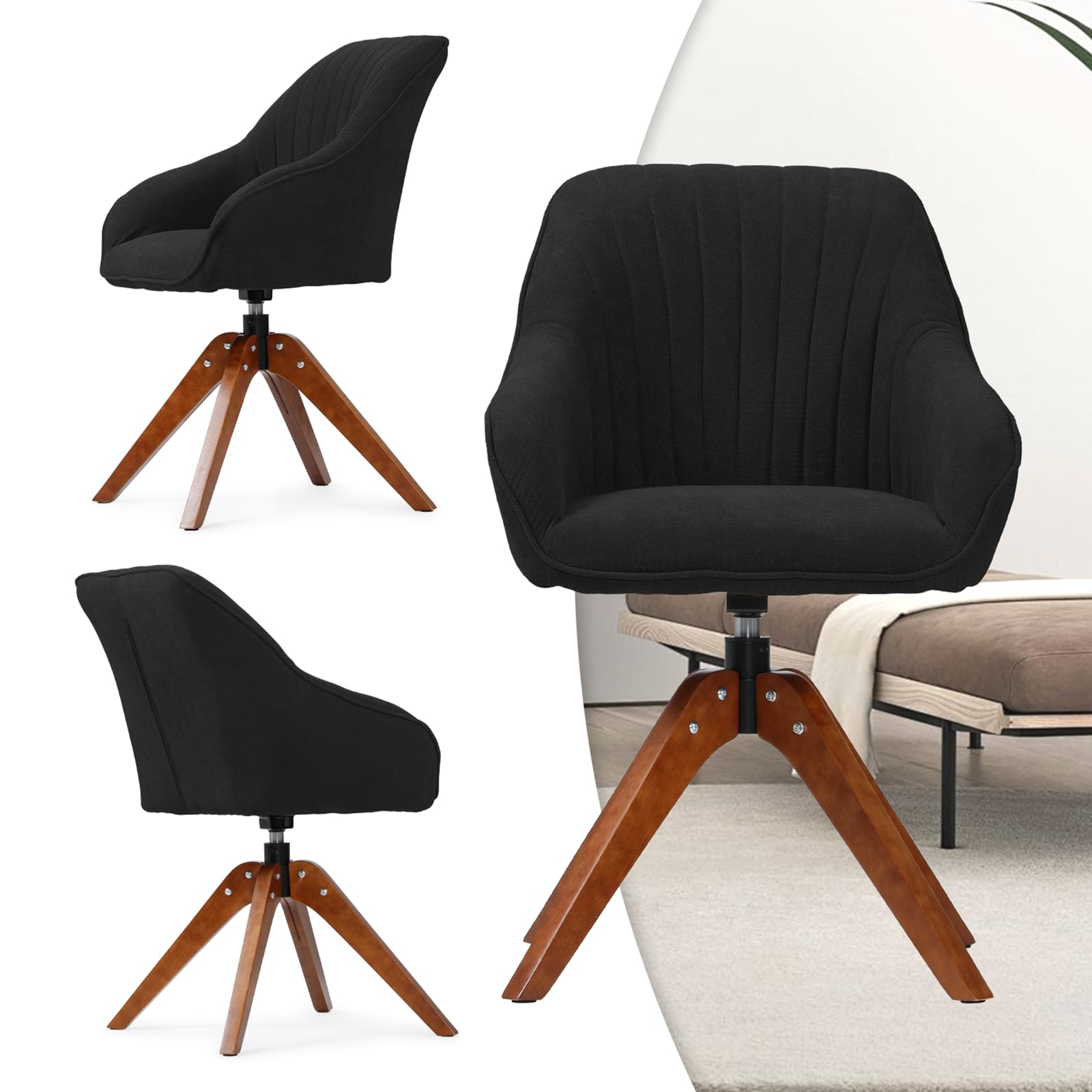 MoNiBloom 360° Swivel Accent Chair - Modern Velvet Upholstered Armchair with Wooden Legs for Office, Living Room & Bedroom - Black | Perfect for Home Office, Reading Nook & Lounge Areas