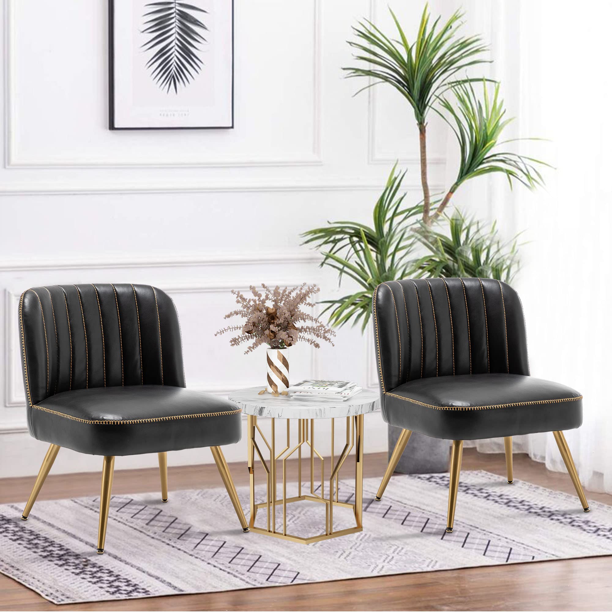 Andeworld 2-Piece Modern Accent Chair Set - Upholstered Leather Living Room Chairs, Elegant Armless Small Side Club Chairs with Golden Legs for Bedroom, Office or Lounge - Black