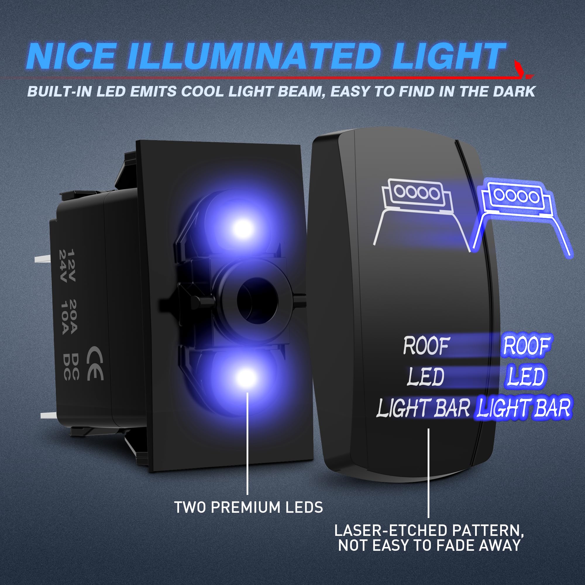 MicTuning LS083001-HF 5-Pin 20A 12V Laser Roof LED Light Bar Rocker Switch with Jumper Wire - Blue LED Indicator for Off-Road Trucks, ATVs & Marine Boats