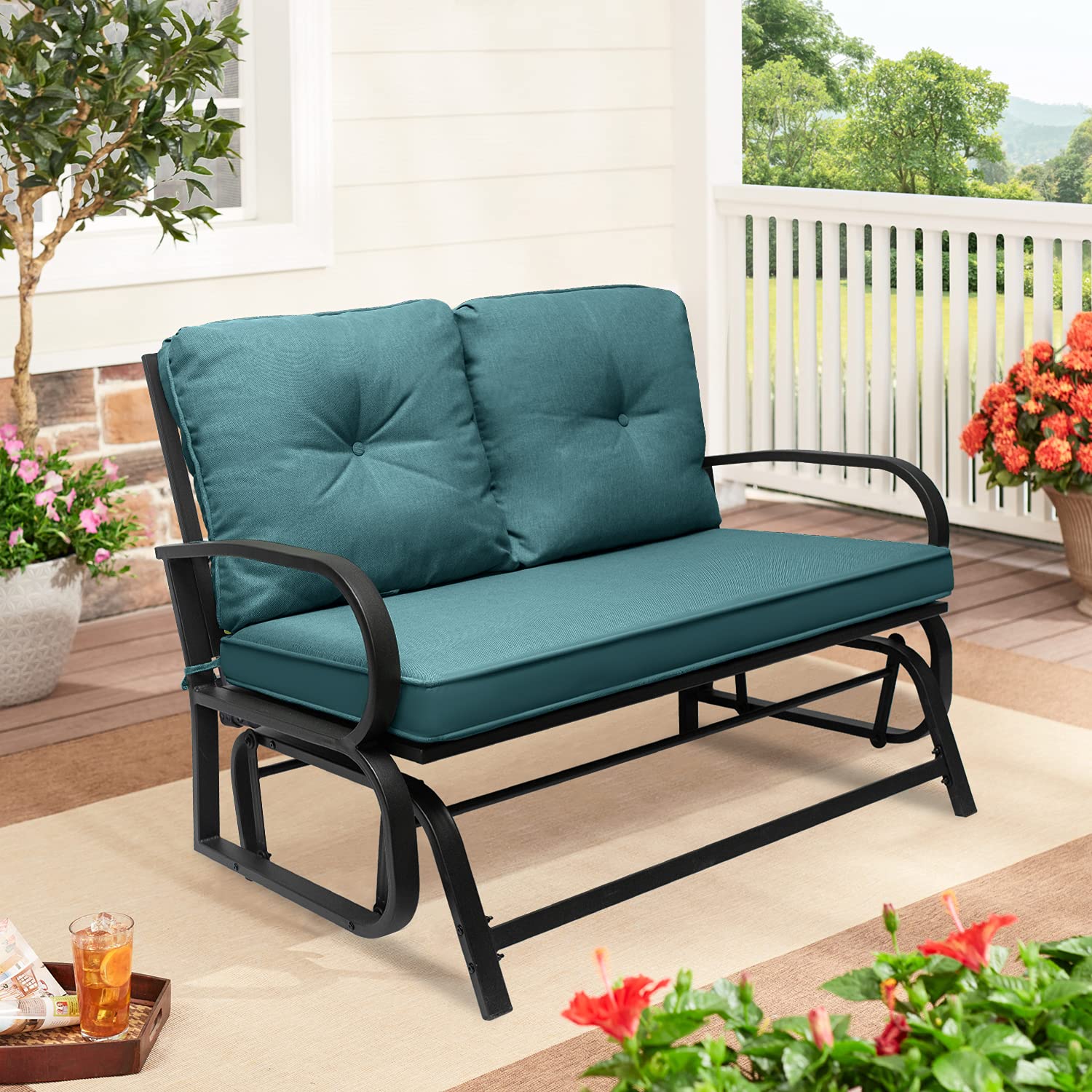 Patio Glider Swing Bench Loveseat - 2-Person Outdoor Metal Rocking Chair with Steel Frame & Thickened Cushions (Peacock Blue) - Perfect for Backyard, Garden, Deck Relaxation