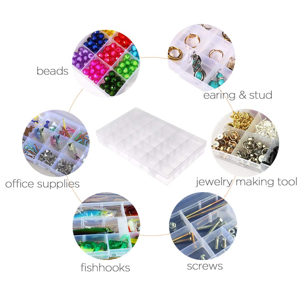 2-Pack 36 Grid Clear Plastic Jewelry Organizer Box with Adjustable Dividers - Earring, Bead & Small Accessories Storage Container | Perfect for Travel, Home Vanity & Craft Room Organization
