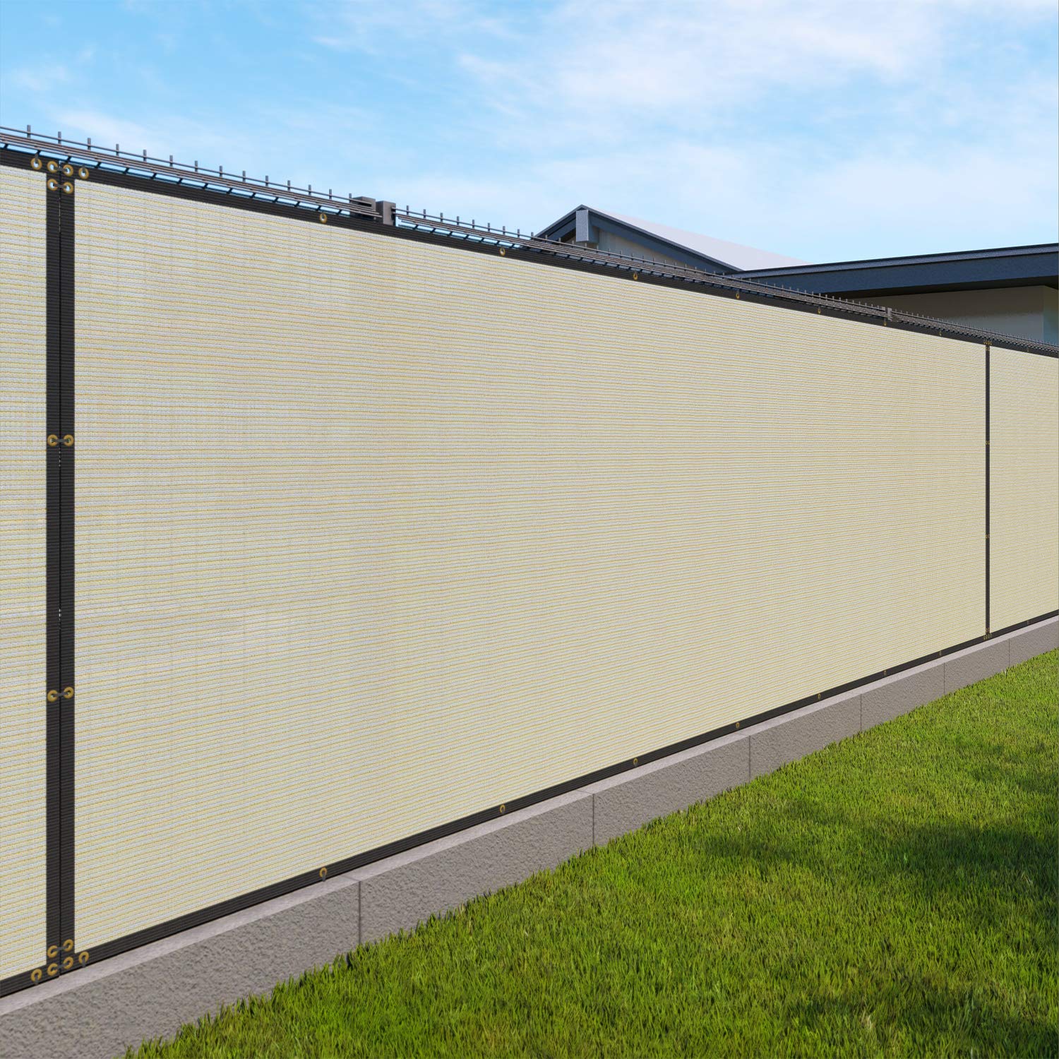Heavy Duty 4' x 10' Beige Privacy Screen Fence with White Stripes & Brass Grommets - 150 GSM Windbreak for Patio, Pool, Garden, and Outdoor Privacy Protection