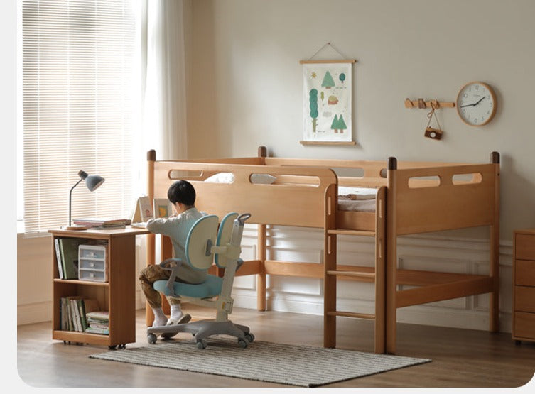 Solid Oak Wood Mid-High Bed with Slanted Ladder - Sturdy Adult Loft Bed for Small Spaces, Dorm Rooms & Modern Apartments
