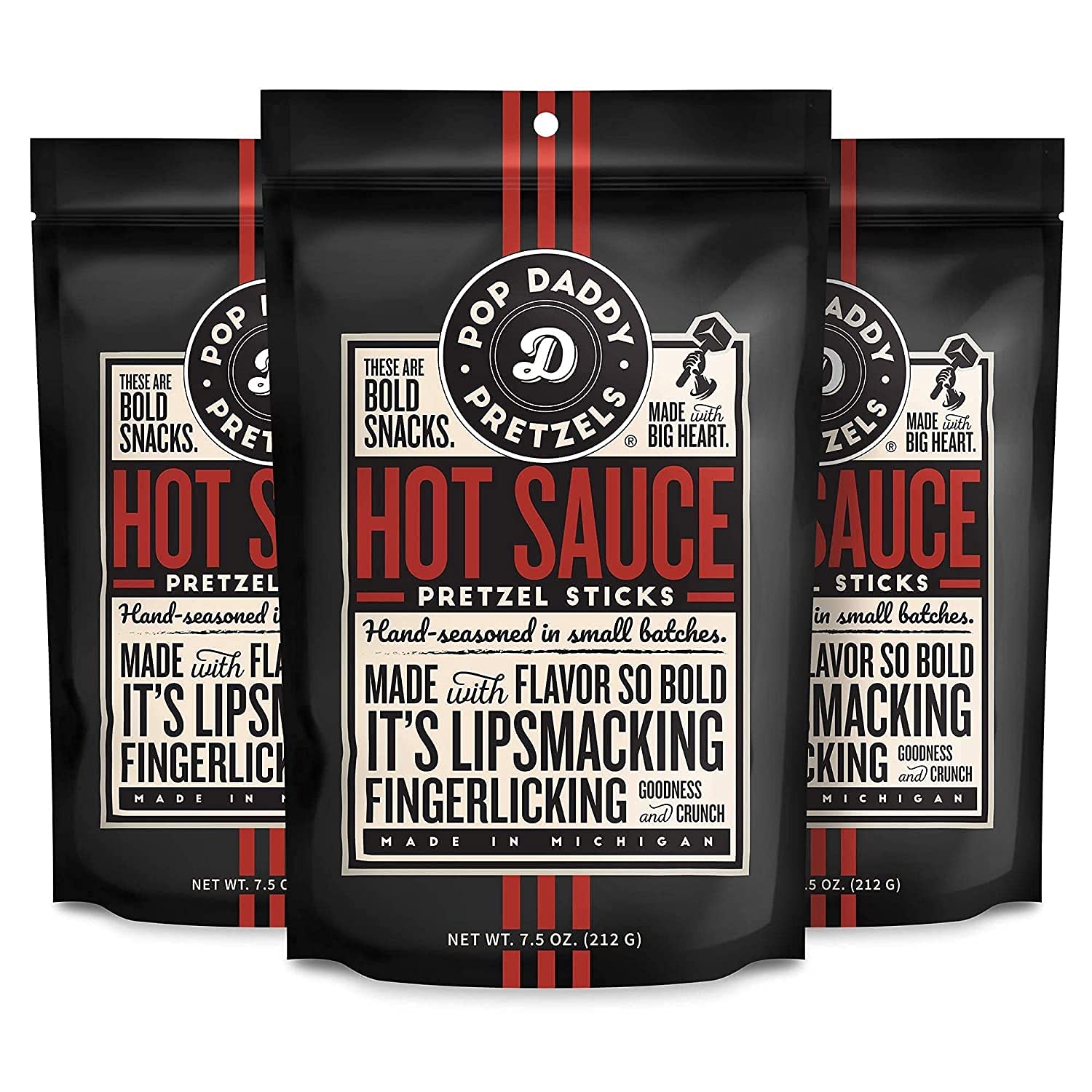 Pop Daddy Hot Sauce Flavored Pretzel Sticks – Healthy Gourmet Snacks, 7.5oz Individual Bags (3 Pack) – Perfect for Parties, Movie Nights & On-the-Go Snacking