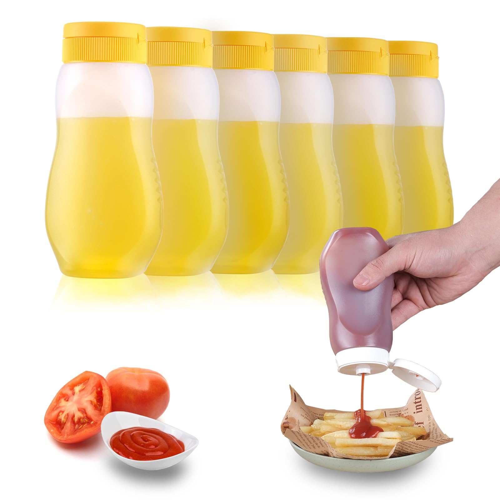 6-Pack 12oz Condiment Squeeze Bottles with Flip Top Lids - Hot Sauce, BBQ Sauce & Oil Dispenser Bottles with Yellow Caps - Perfect for Camping, Picnics & Outdoor Cooking