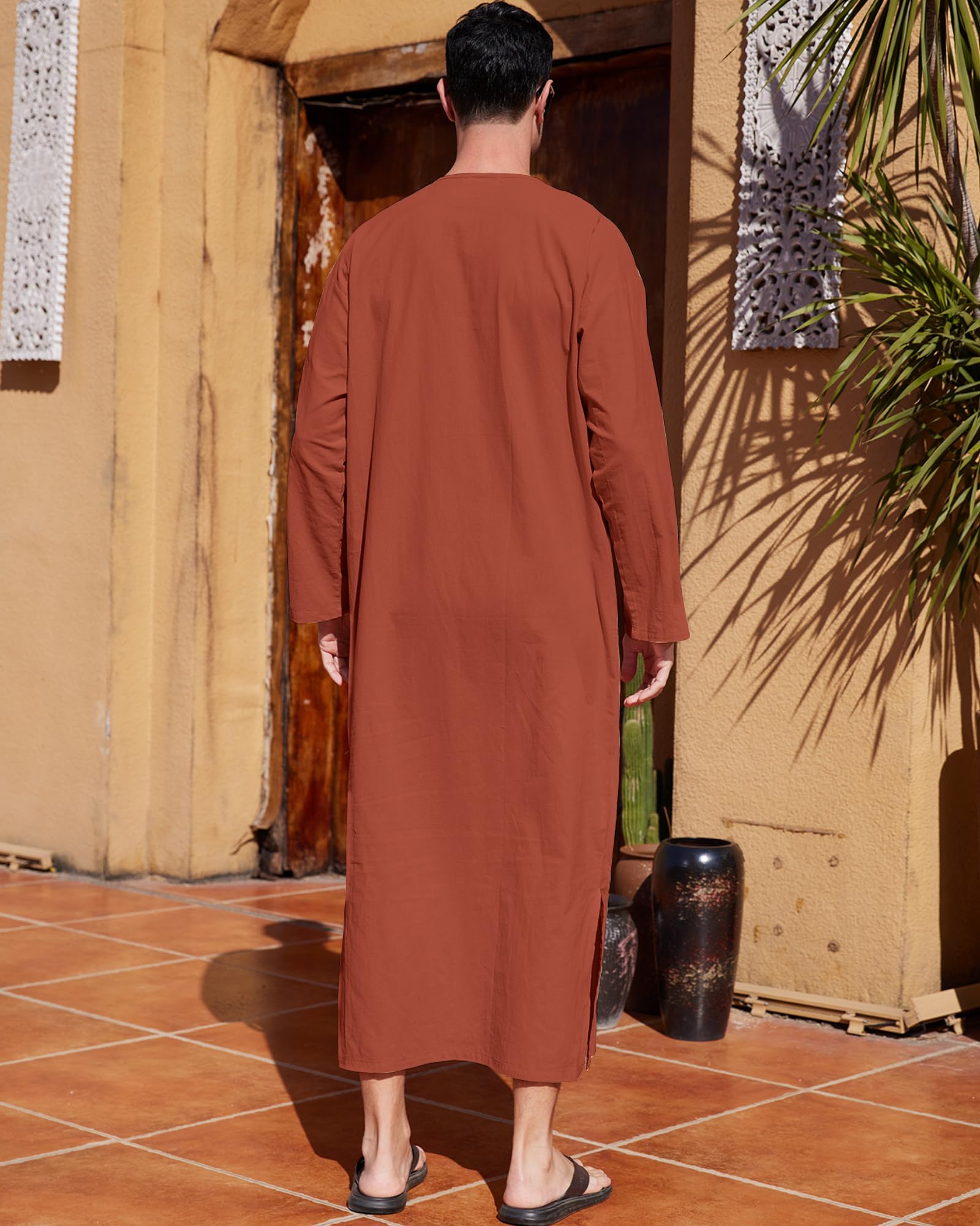 YAOHUOLE Men's Kaftan Thobe - Long Sleeve Islamic Robe with Side Slits & Pockets | Comfortable Casual Wear for Prayer, Home, Beach & Special Occasions