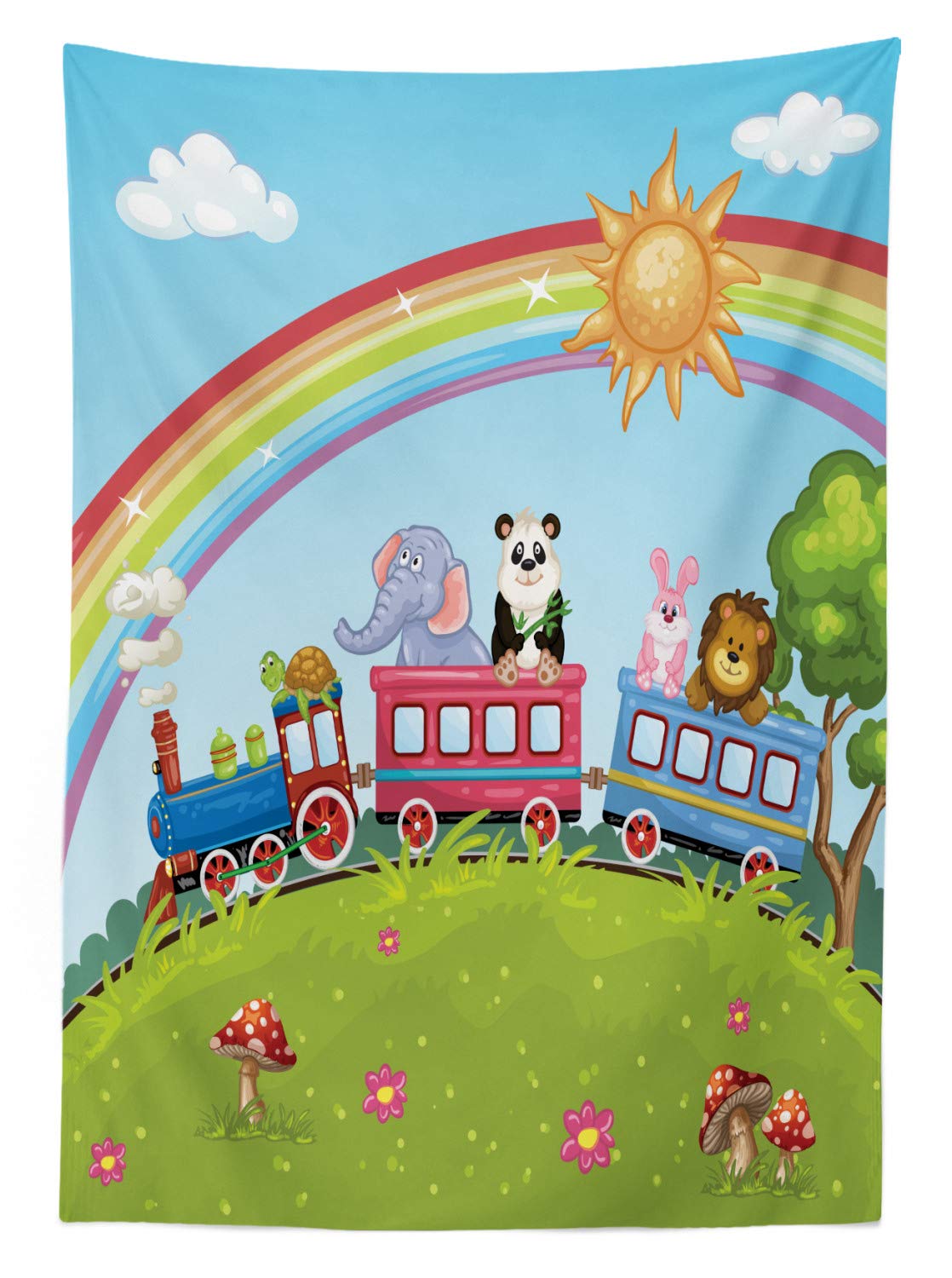 Ambesonne Zoo Outdoor Tablecloth - Colorful Cartoon Animal Train Rainbow Sun Sky Mushrooms Flowers Tree Design - Washable Picnic Table Cover 58x104 Inches - Perfect for Birthday Parties, BBQs, Park Outings & Family Gatherings
