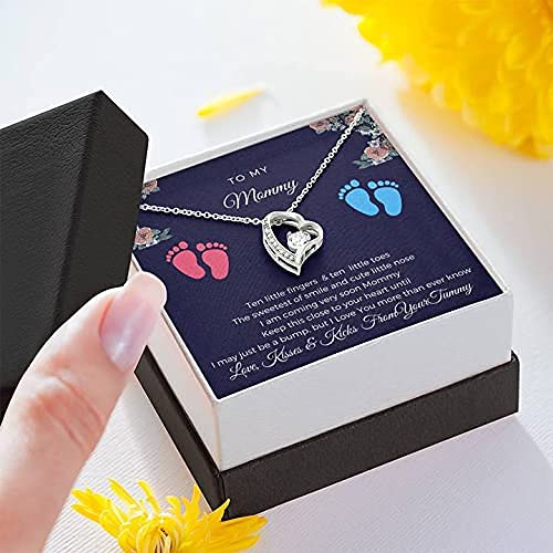 To My Mommy Necklace - 14K White Gold Plated Forever Love Pendant with Gift Message Card - Mother's Birthday, Christmas, Anniversary Jewelry Gift for Women - Perfect for Mother's Day, Baby Shower & Special Occasions