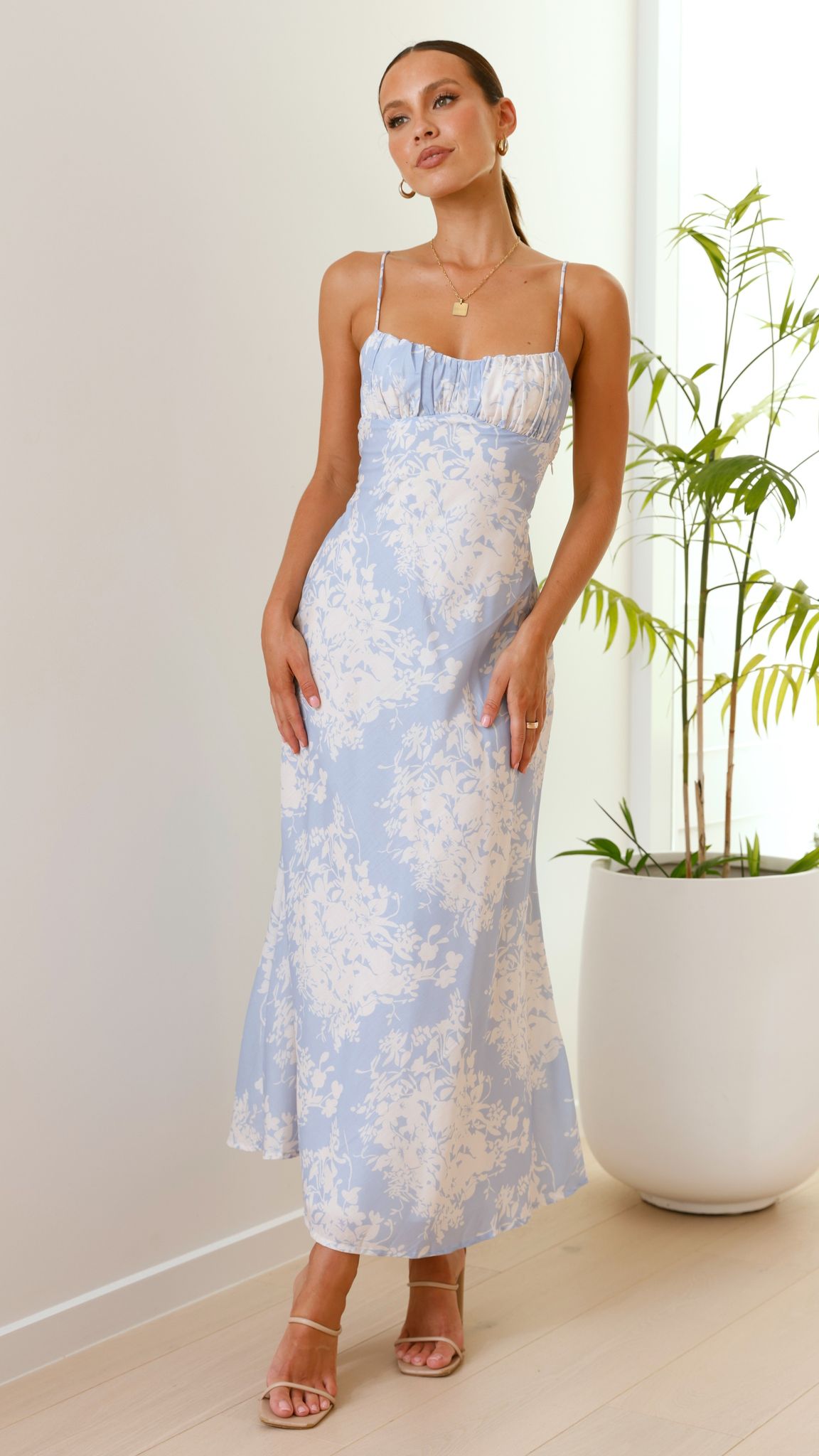 Margie Midi Dress - Blue & White Floral Print Summer Dress for Women | Casual Beach Wear, Garden Party, Date Night Outfit