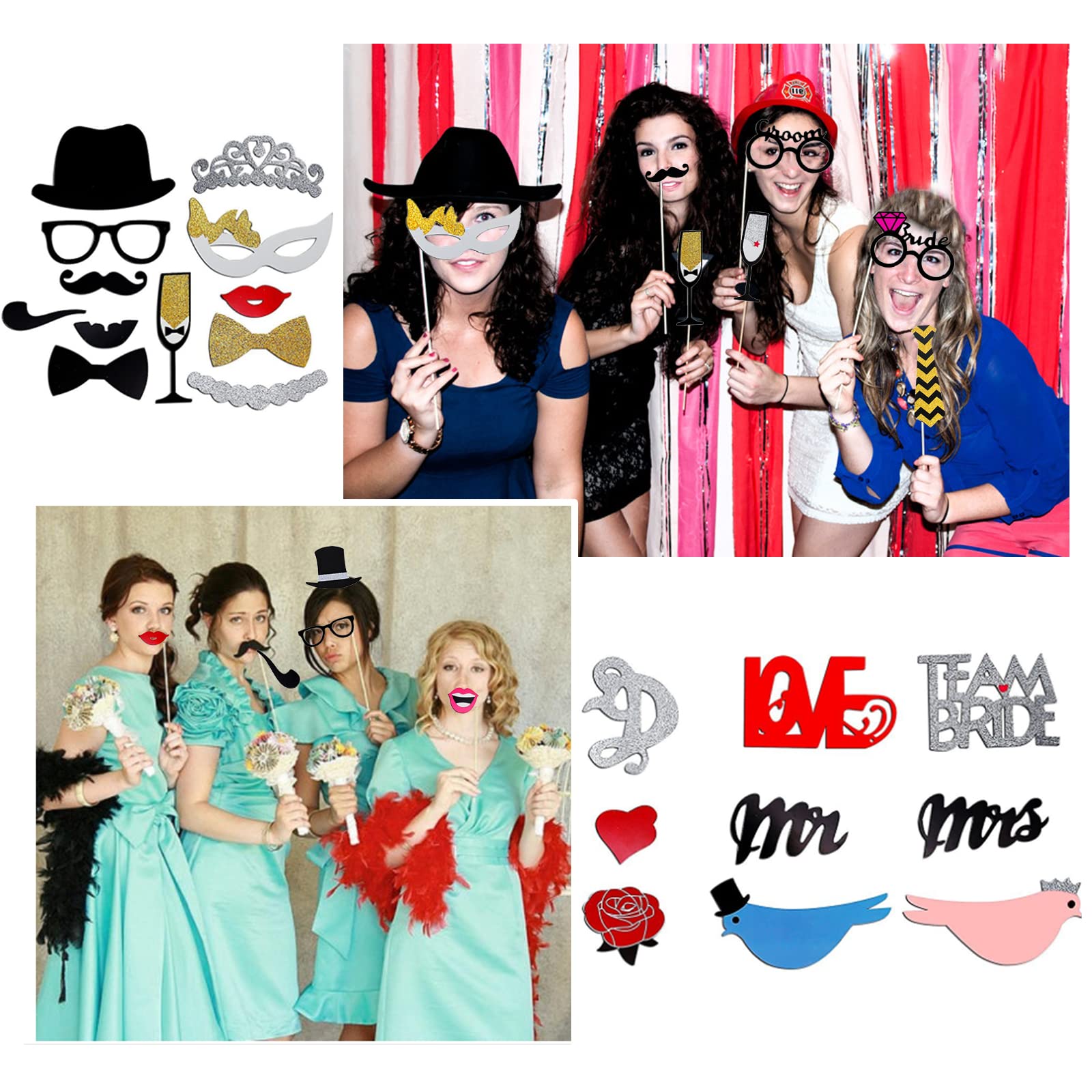 Andiker 31-Piece Wedding Photo Booth Props Kit - Funny Bridal Shower, Party & Valentine's Day Accessories with Wooden Sticks (Includes Ties, Hats, Mustaches) - Perfect for Bachelorette Parties, Anniversary Celebrations & Social Media Selfies