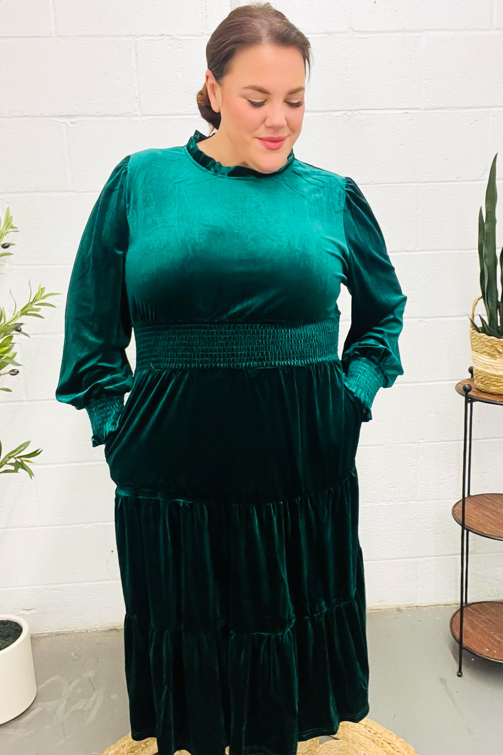 Holiday Dreaming Hunter Green Velvet Mock Neck Smocked Waist Dress for Women - Elegant Holiday Party & Christmas Dinner Outfit