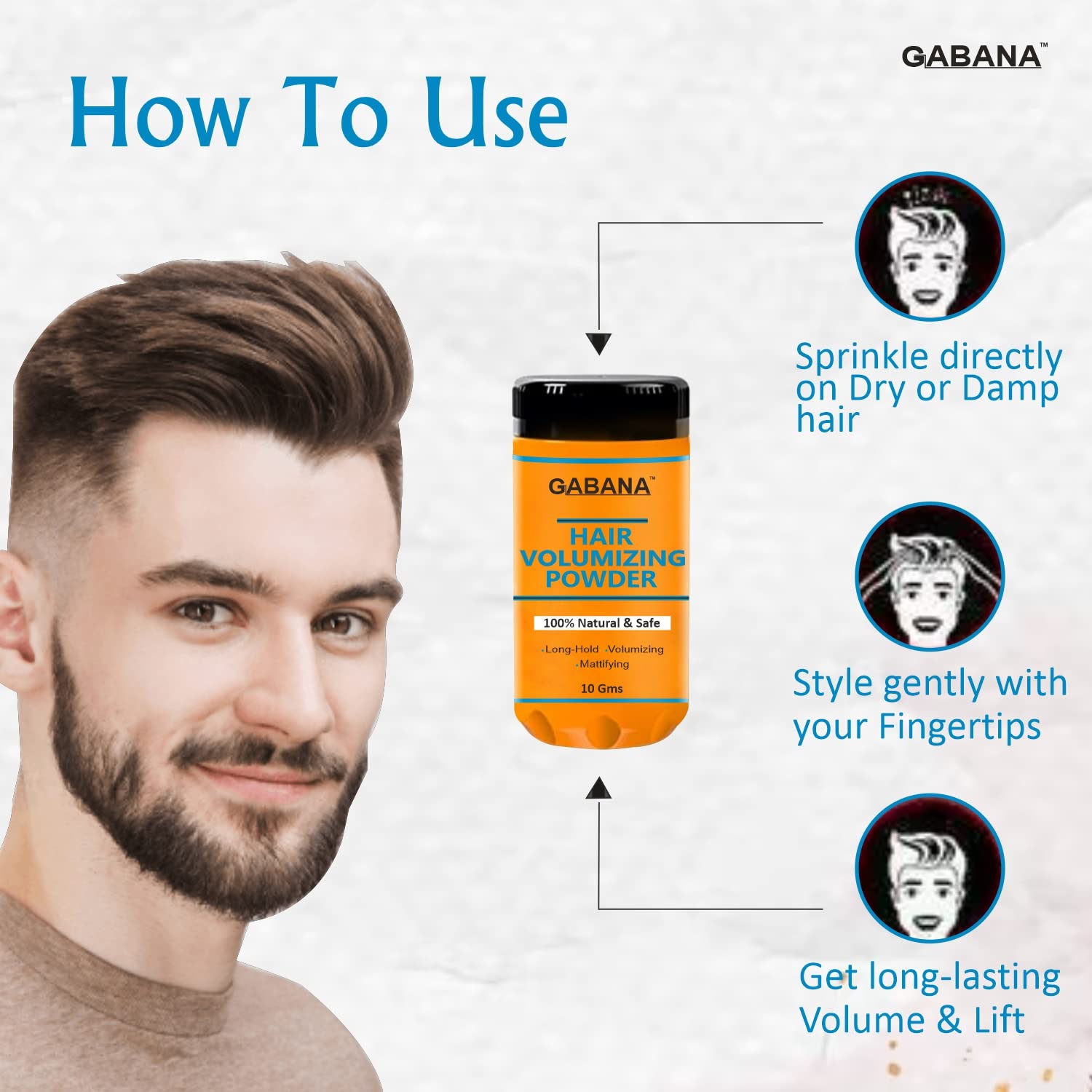 GABANA Natural Hair Volumizing Powder for Men - 10g | All-Natural, Zero Toxin Hair Styling & Texturizing Powder for Thicker, Fuller Hair | Perfect for Everyday Styling, Special Occasions & Professional Looks