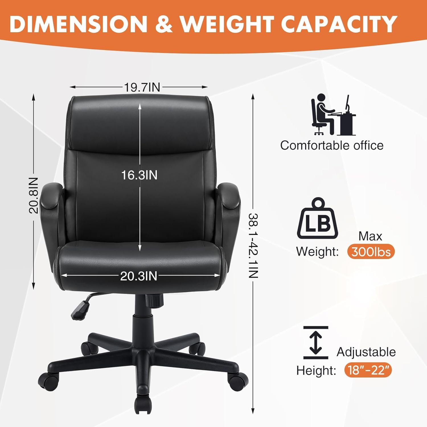 Ergonomic Office Chair with Adjustable Height & 360° Swivel - PU Leather Executive Computer Task Chair with Padded Armrests - Perfect for Home Office, Gaming & Workspace Comfort