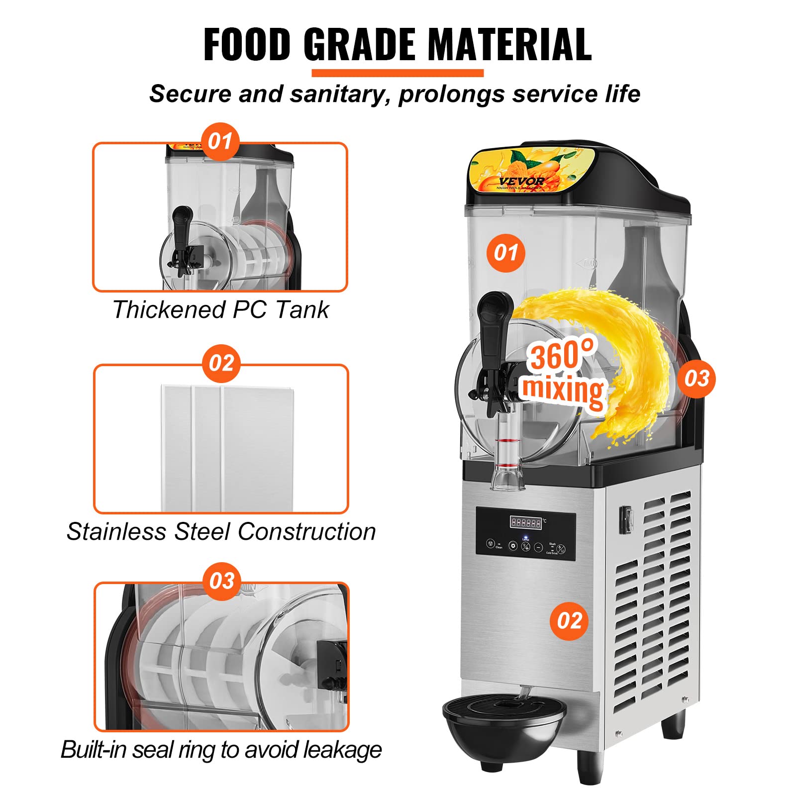VEVOR 12L/3.2Gal Commercial Slushy Machine - Stainless Steel Frozen Drink Maker for Margaritas, Smoothies & Cocktails - 500W Slushie Machine for Home, Party, Restaurant, Cafe & Bar Use - Perfect for Summer Parties, Business Events & Cocktail Making