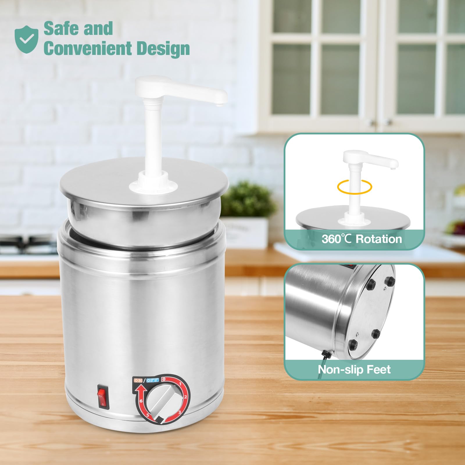 Commercial 4QT Electric Hot Fudge Dispenser with Temperature Control - Stainless Steel Nacho Cheese Warmer with Plastic Pump for Buffets, Bakeries & Kitchens - Perfect for Chocolate Fountain, Caramel Sauce & Dessert Toppings (110V/200W)