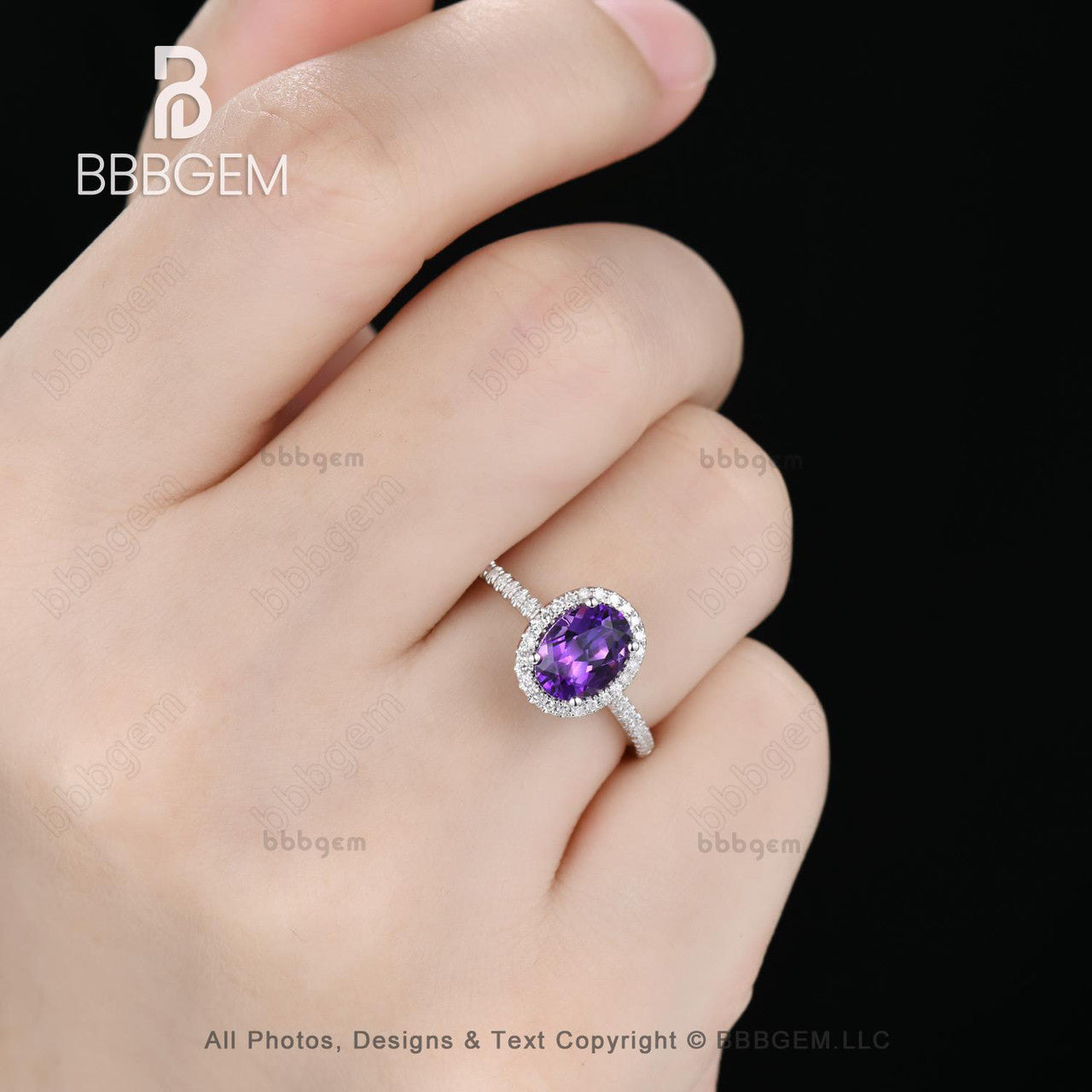 Vintage Oval Halo Moissanite & Natural Purple Amethyst Statement Ring - 14K White Gold Crystal Ring for Women - Perfect for Weddings, Anniversaries & Special Occasions