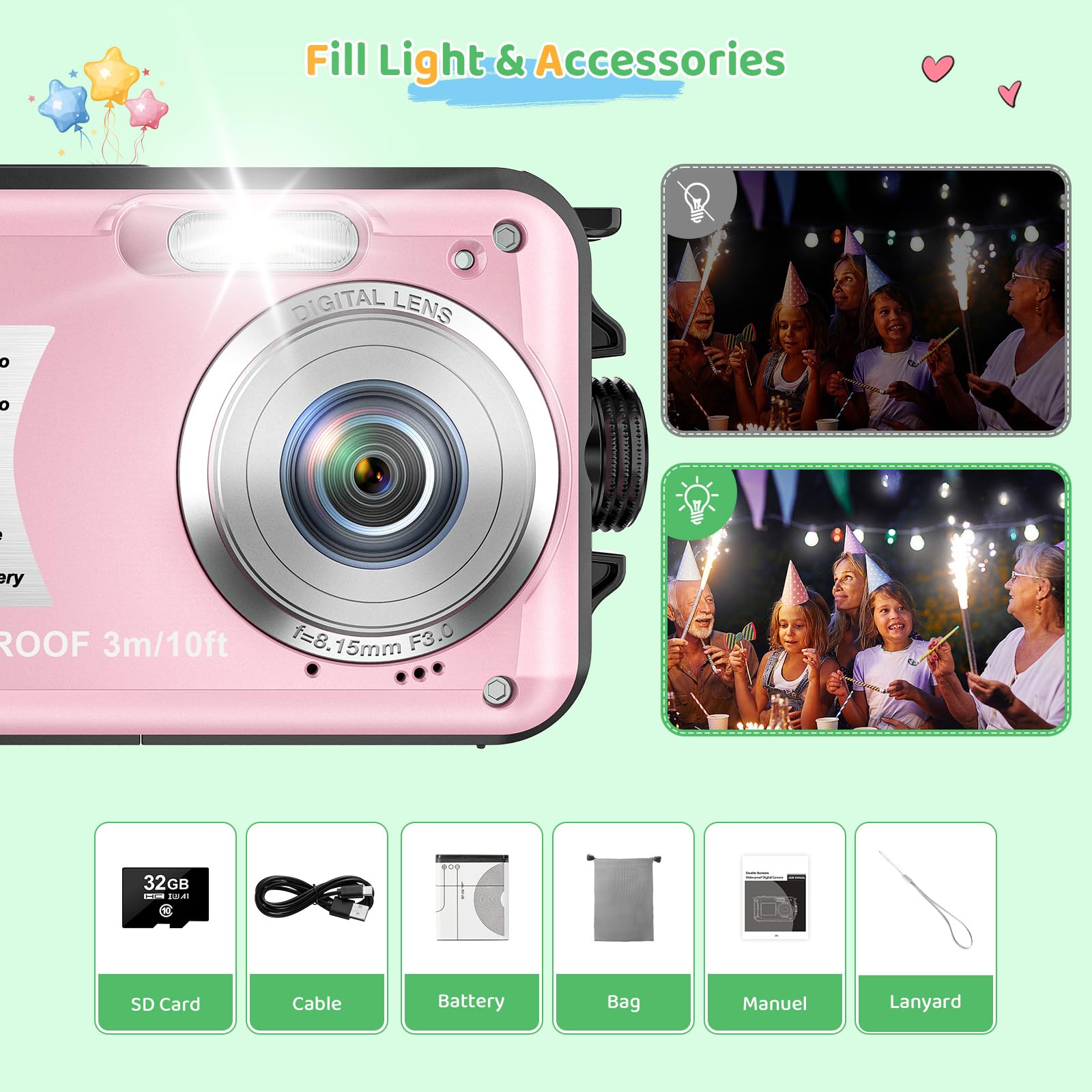 Waterproof Digital Camera 10FT Underwater, 1080P Full HD 30MP Kids Camera with 16X Zoom & Anti-Shake - Perfect for Swimming, Snorkeling & Outdoor Adventures (Pink)