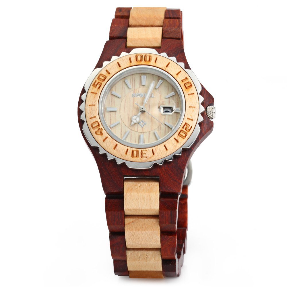 BEWELL Women's Wooden Watch - Date Quartz Wristwatch with Luminous Hands for Casual & Office Wear