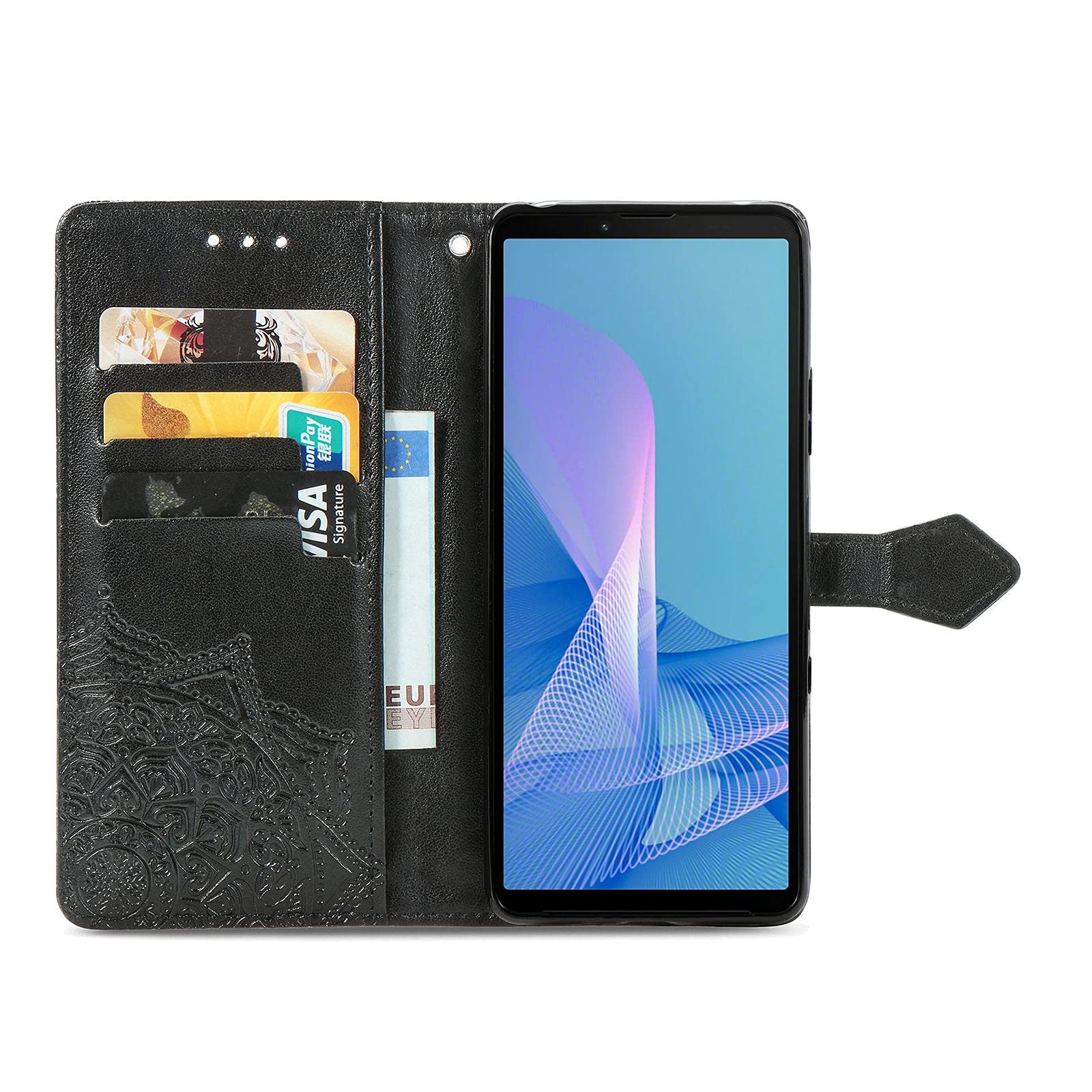 Sony Xperia 10 III Leather Phone Case with Mandala Embossing, Card Slots, Kickstand & Lanyard - Horizontal Flip Wallet Case for Protection & Style | Perfect for Daily Use, Travel & Business Meetings
