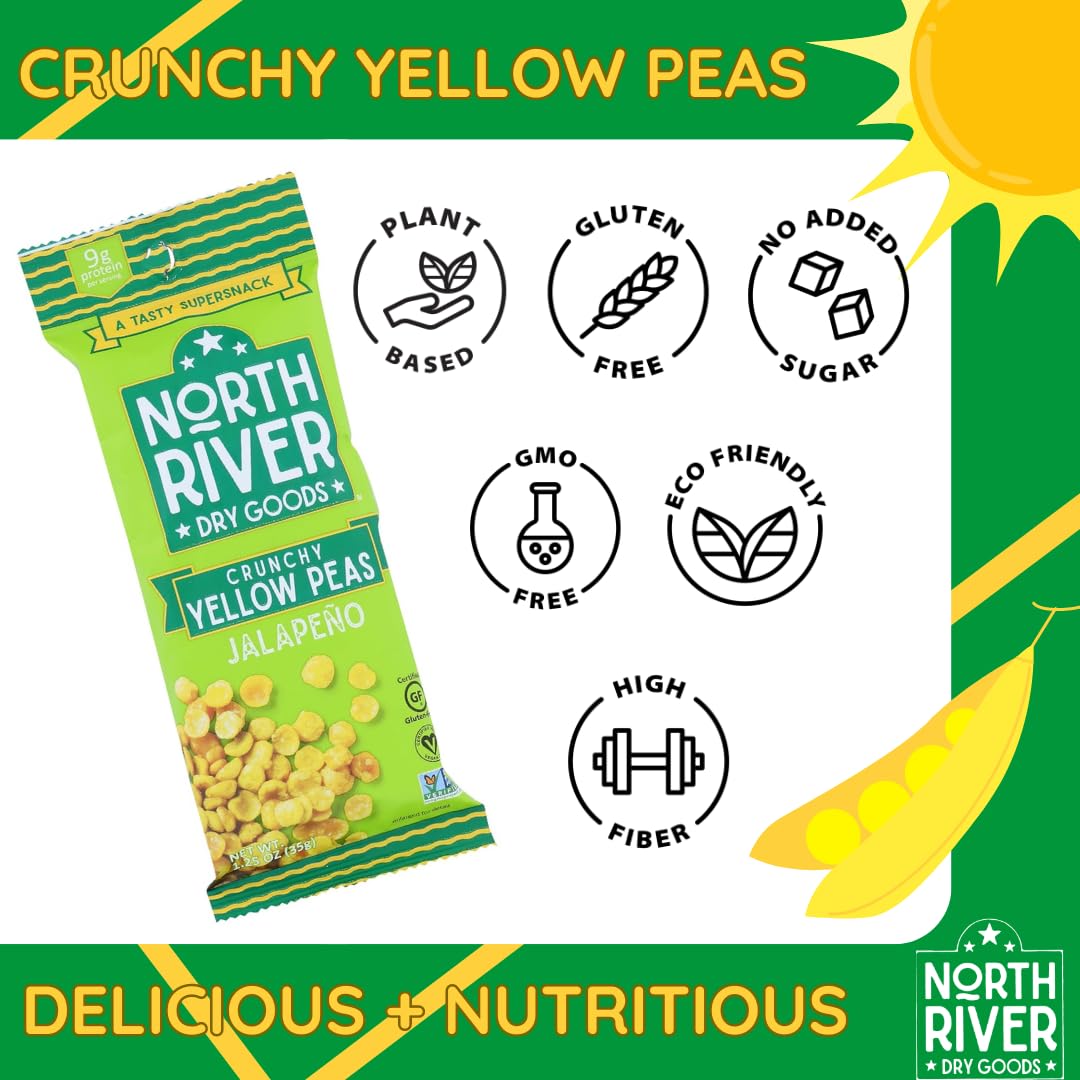 Crunchy Yellow Peas (Jalapeno Flavor) - High Protein, Gluten Free & Vegan Snacks | Healthy Non-GMO Snack for Adults & Kids | High Fiber School, Travel & Office Snacks | 1.25oz Pack by North River Dry Goods | Perfect for On-the-Go, Lunchboxes & Movie Nights