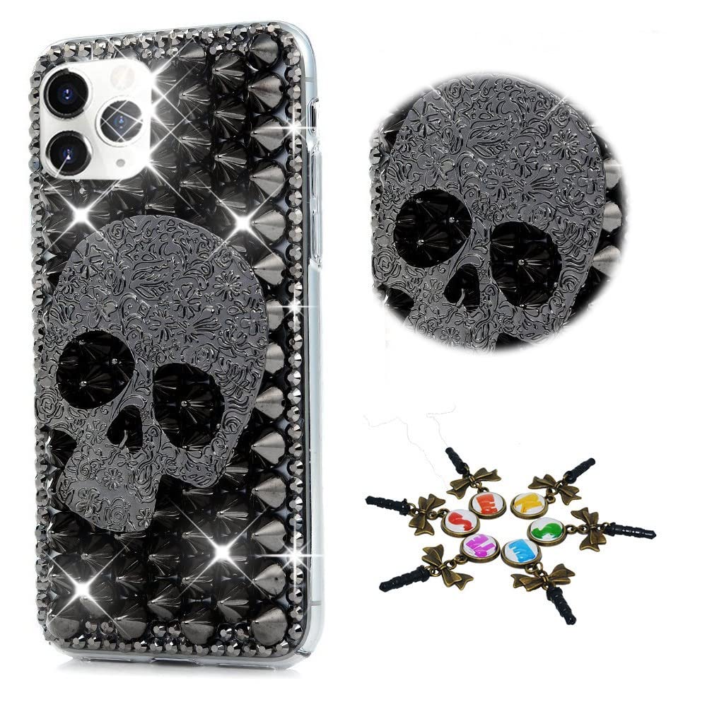 STENES Sparkle Rhinestone Case for Samsung Galaxy A12 - 3D Handmade Bling Rivet Skull Design Crystal Diamond Phone Cover - Black | Perfect for Parties, Night Out & Fashion Accessories