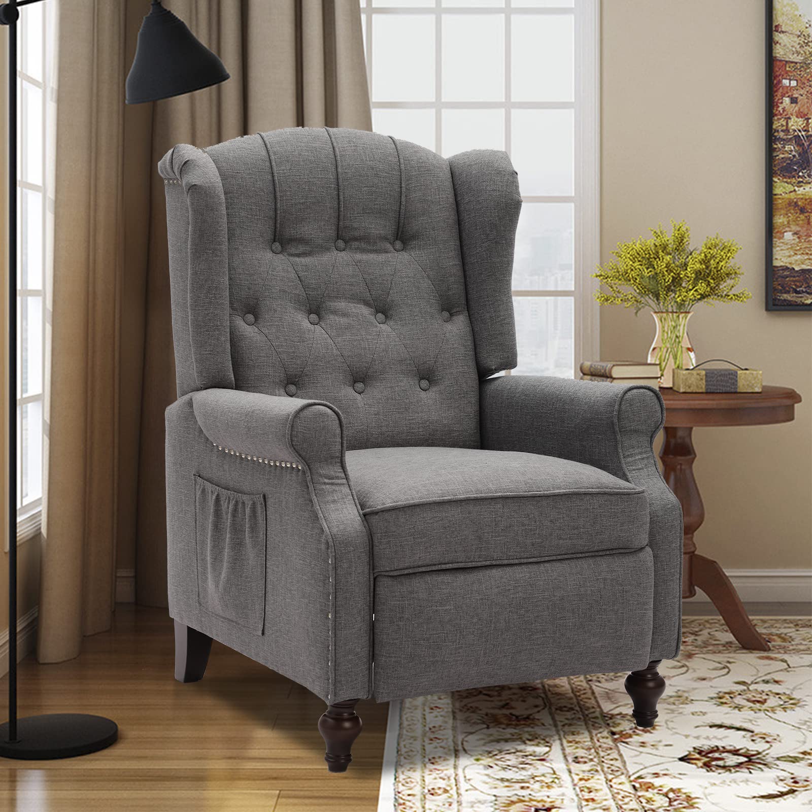 Elizabeth Tufted Wingback Recliner Chair with Massage & Heat - Mid-Century Modern Upholstered Club Chair with Side Pockets - Comfortable Living Room Recliner for Relaxation & Home Theater (Light Grey)