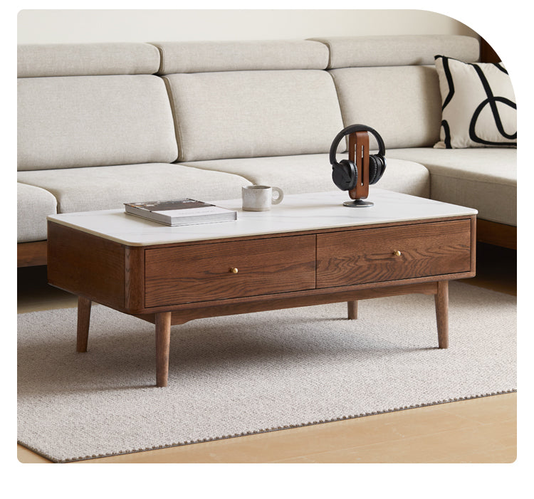 Solid Oak Wood Modern Rock Plate Coffee Table - Stylish Living Room Furniture for Home Decor & Relaxation