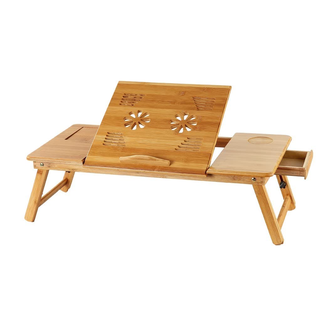 Foldable TV Tray Stand with Adjustable Legs & Small Drawer - Portable Wooden Laptop Table for Bed, Sofa & Office - Perfect for Breakfast in Bed, Remote Work & Home Entertainment