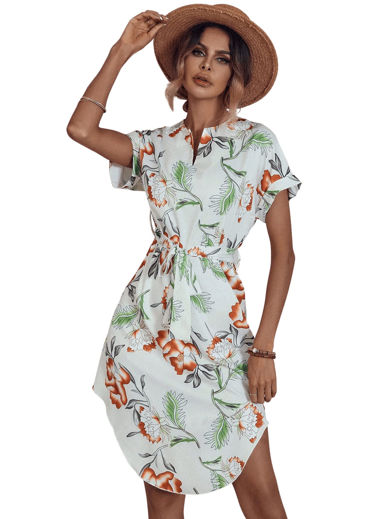 SweatyRocks Women's Floral Print Summer Dress - Crew Neck, Batwing Sleeve, Belted Waist, Short Dress for Casual Outings & Beach Vacations