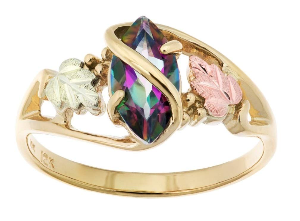 10K Yellow Gold Marquise Mystic Fire Topaz Wrap Ring with 12K Rose & Green Gold Black Hills Gold Accents - Elegant Jewelry for Weddings, Anniversaries & Special Occasions