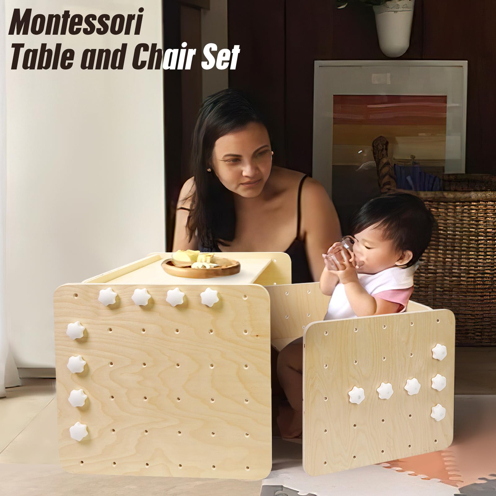 WOOD CITY Montessori Weaning Table and Chair Set (19.7 Inch) - Adjustable Height Solid Hardwood Toddler Desk for Reading, Snacking & Learning Activities | Kids Step Stool & Activity Cube | Montessori Furniture for Children Ages 3-6 | Perfect for Homeschooling, Playrooms & Daycare Centers