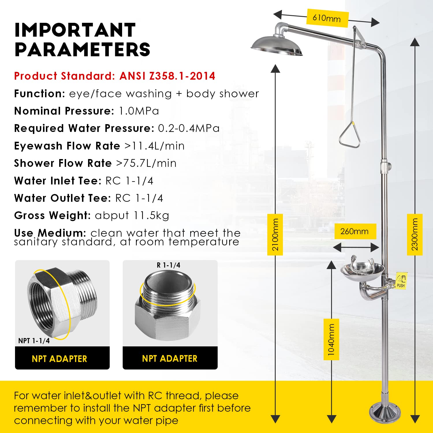 CGOLDENWALL 304 Stainless Steel Emergency Shower & Eyewash Station Combo - ANSI Compliant Safety Equipment with NPT Thread & Eyewash Sign - Ideal for Laboratories, Factories & Chemical Workplaces