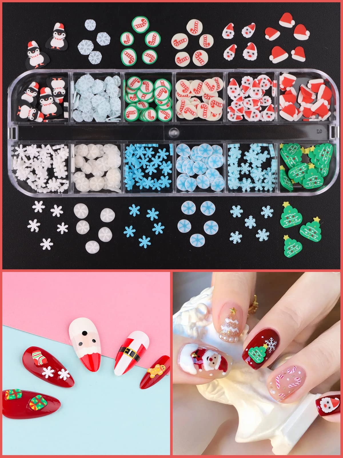 Lorvain 36 Grids Christmas Nail Art Slices - 3D Nail Flake Charms with Hearts, Stars, Snowflakes & Santa Designs | DIY Nail Sequins for Women & Girls | Perfect for Holiday Nail Art, Face & Body Decoration (3-Pack Box Set)