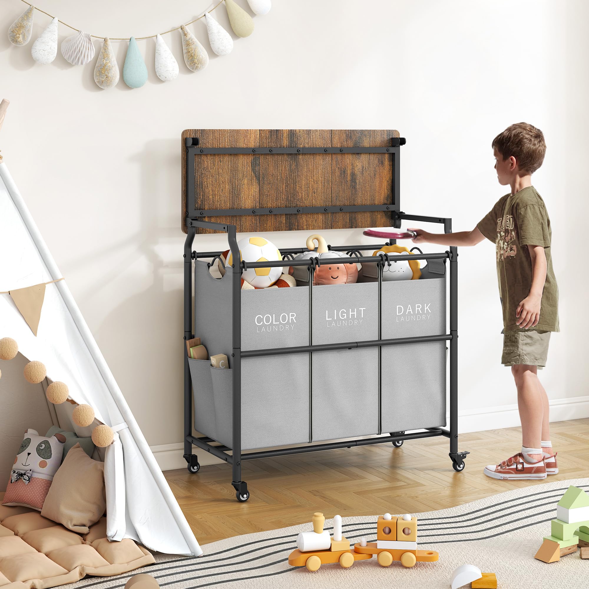 Hoctieon 3-Section Laundry Sorter Cart with Ironing Board & Removable Bags - Heavy Duty Rolling Laundry Hamper with Shelf & Wheels - Large Laundry Basket Organizer for Bedroom, Laundry Room & Dorm - Gray