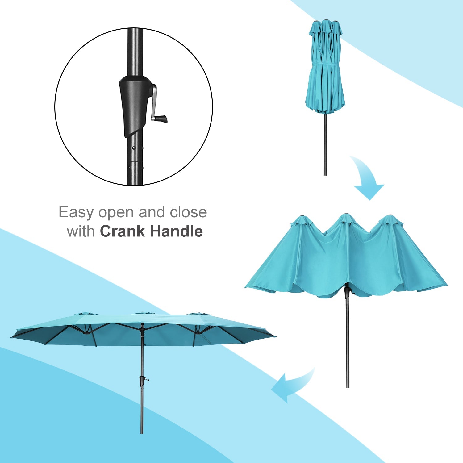 15Ft Double Sided Outdoor Patio Umbrella with Crank - Heavy Duty Market Umbrella for Poolside, Restaurant, Beach & Backyard (Base Not Included)